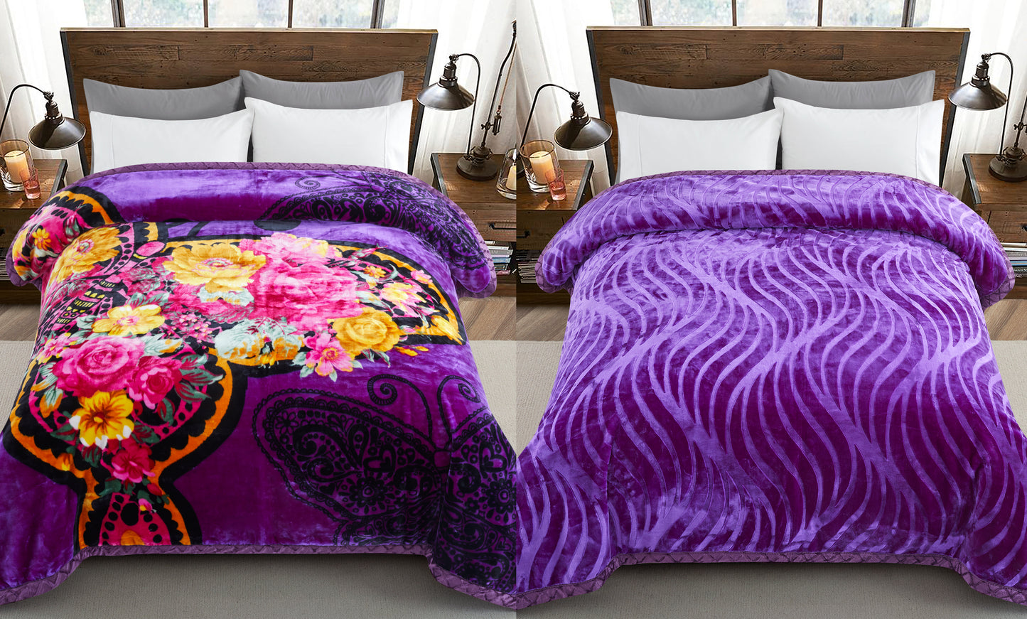 Printed Reversible Woven Fluffy Plush Soft Warm Korean Style 2 Ply Flannel Fleece Throw Animal Mink Blanket, 86" x 94" Purple Butterfly Floral
