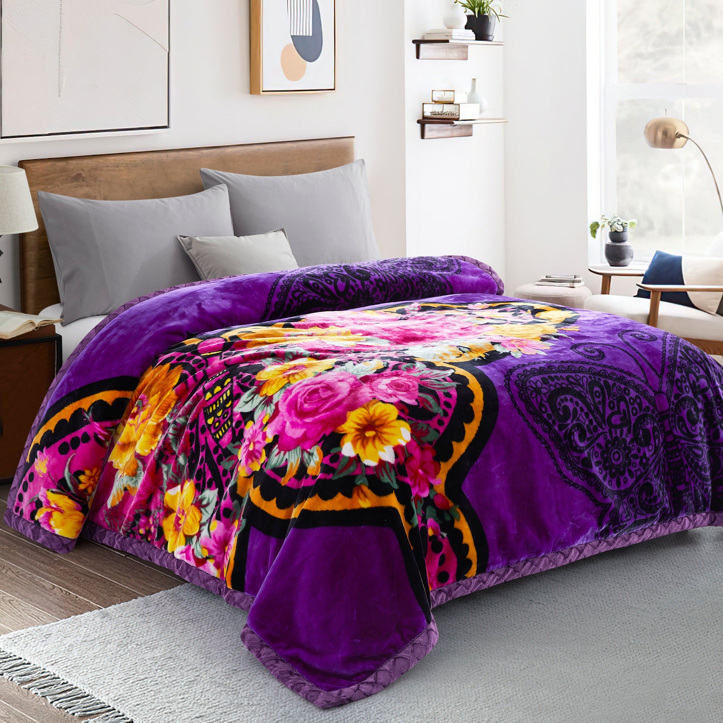 Printed Reversible Woven Fluffy Plush Soft Warm Korean Style 2 Ply Flannel Fleece Throw Animal Mink Blanket, 86" x 94" Purple Butterfly Floral