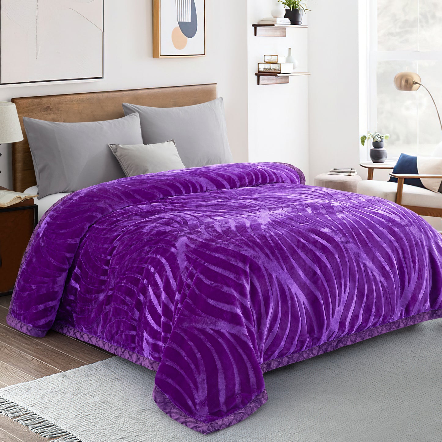 Printed Reversible Woven Fluffy Plush Soft Warm Korean Style 2 Ply Flannel Fleece Throw Animal Mink Blanket, 86" x 94" Purple Butterfly Floral