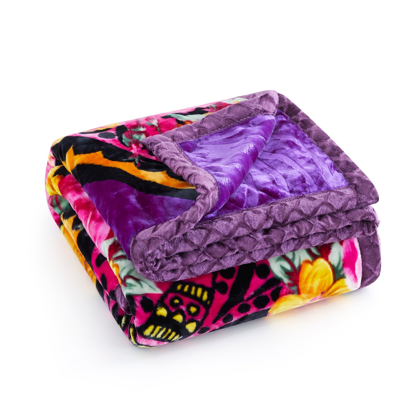 Printed Reversible Woven Fluffy Plush Soft Warm Korean Style 2 Ply Flannel Fleece Throw Animal Mink Blanket, 86" x 94" Purple Butterfly Floral