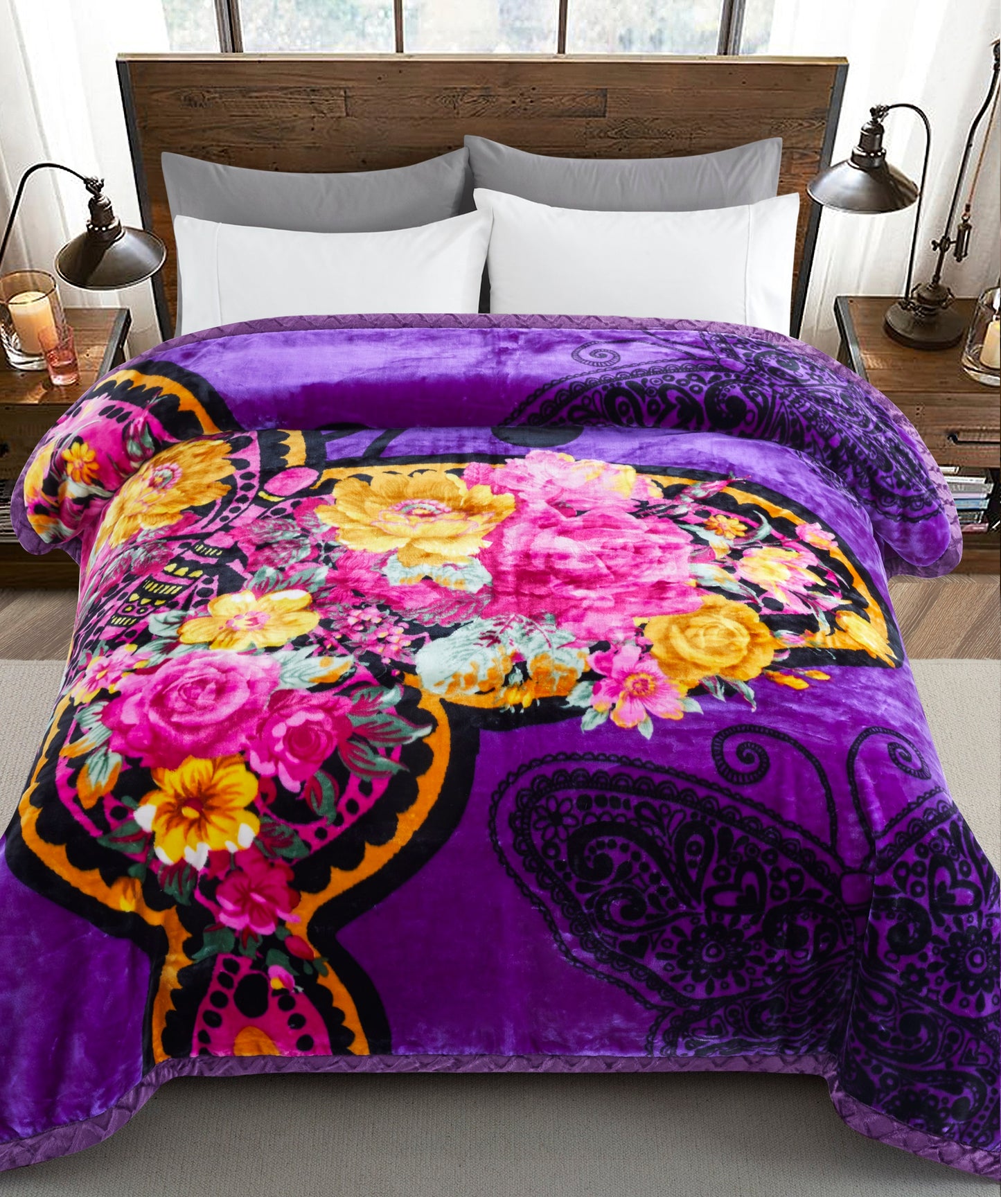 Printed Reversible Woven Fluffy Plush Soft Warm Korean Style 2 Ply Flannel Fleece Throw Animal Mink Blanket, 86" x 94" Purple Butterfly Floral