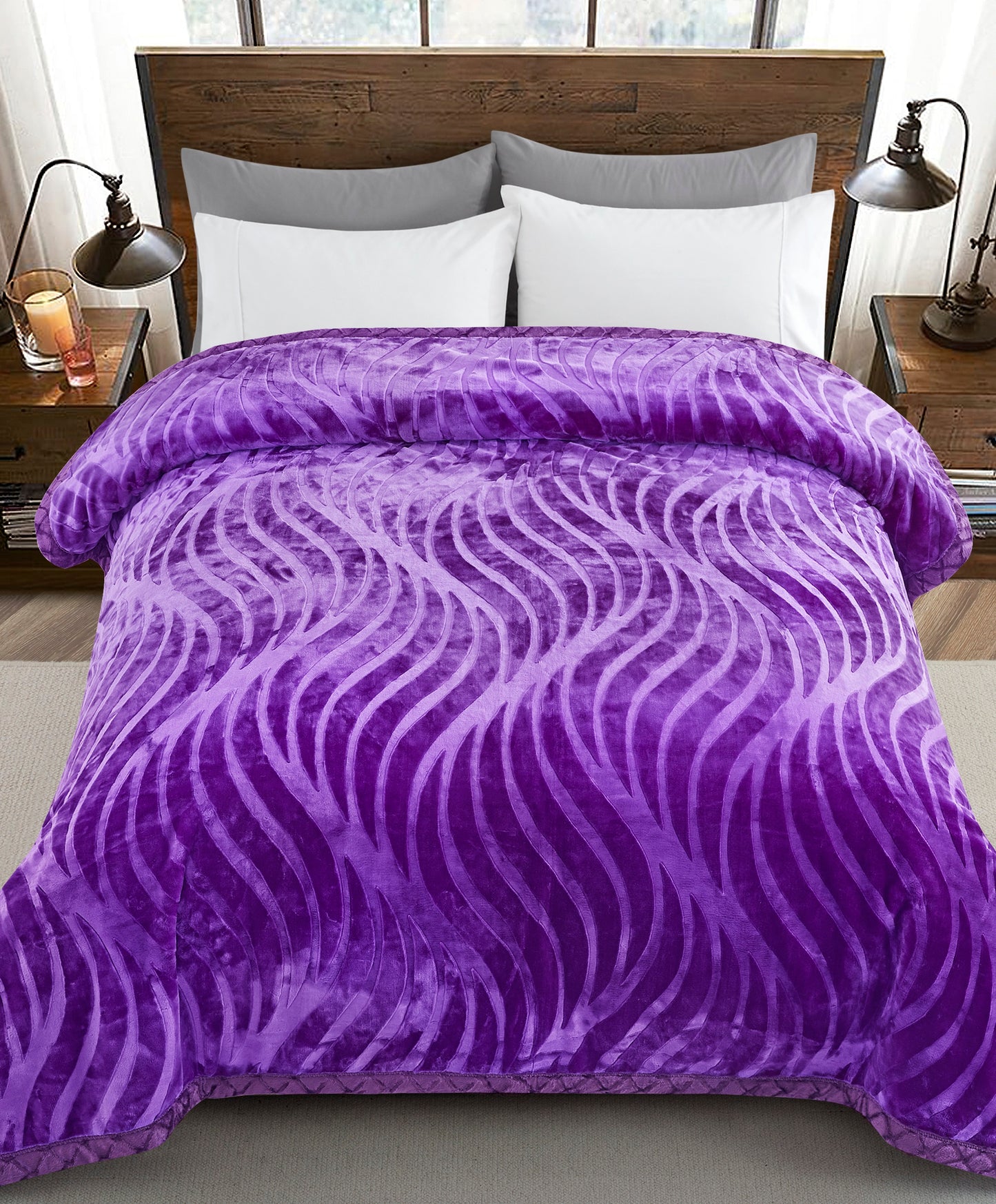 Printed Reversible Woven Fluffy Plush Soft Warm Korean Style 2 Ply Flannel Fleece Throw Animal Mink Blanket, 86" x 94" Purple Butterfly Floral