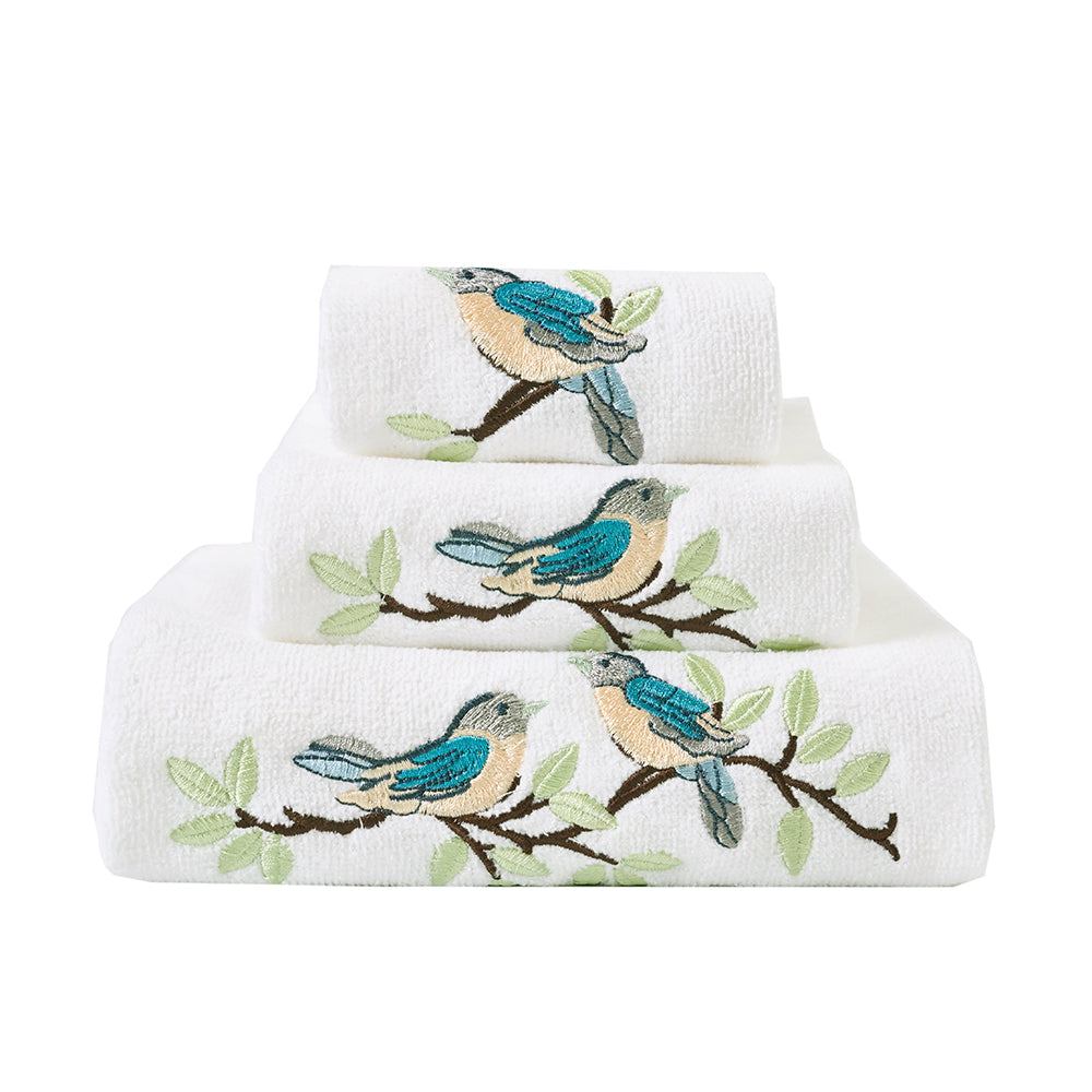Premium Luxury Decor 100% Cotton Soft Bathroom Modern 3 Piece Embroidered Towel Set, Bird with White Base