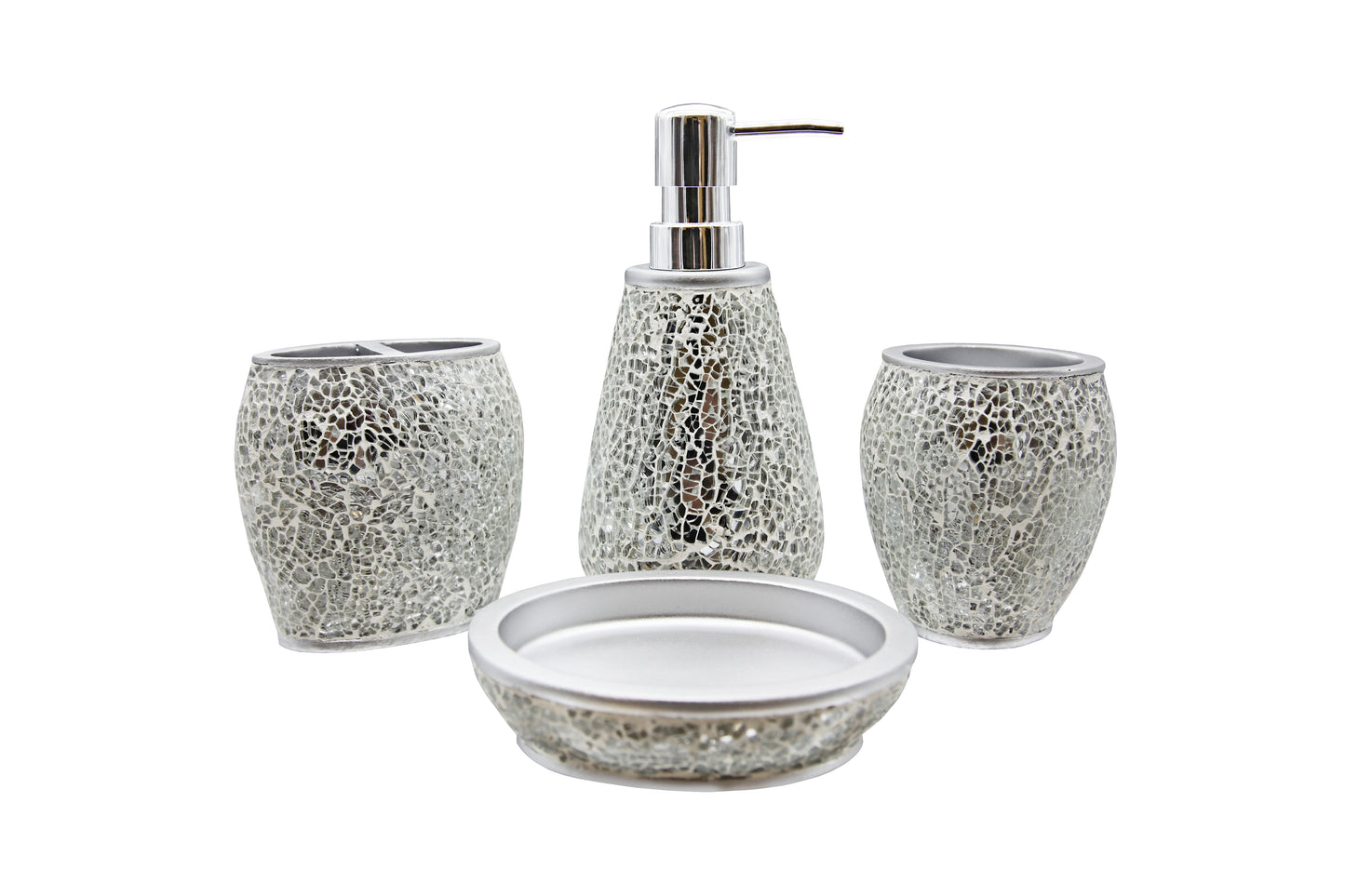 Modern Luxury Décor Bath Accessory Ensemble Bathroom Lotion Dispenser Toothbrush Holder Tumbler Soap Dish, Silver Mosaic Glass