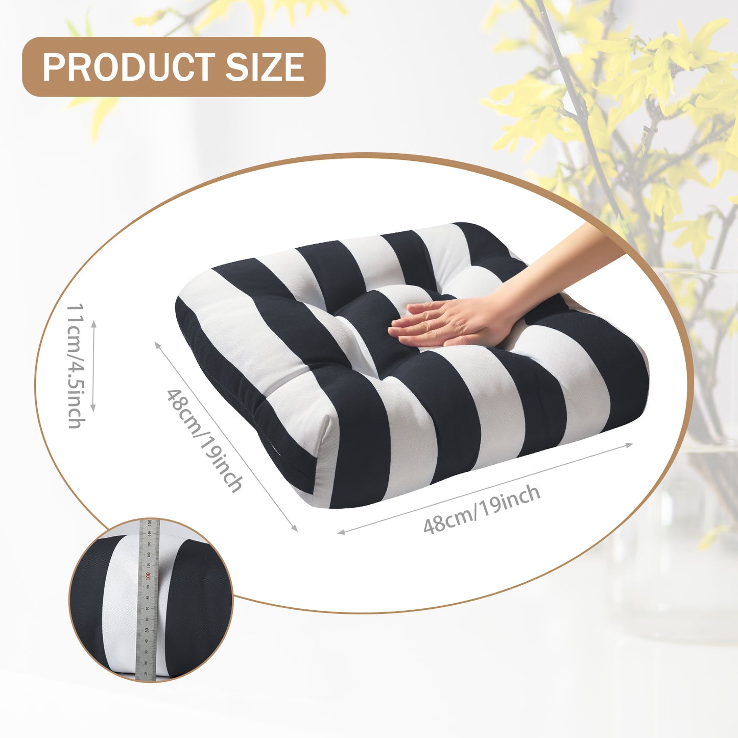 Premium Thick Comfy Seat Patio Pad Tufted Textured Printed Outdoor Chair Cushion 19 x 19 x 4 Inch, Charcoal Grey White Stripes