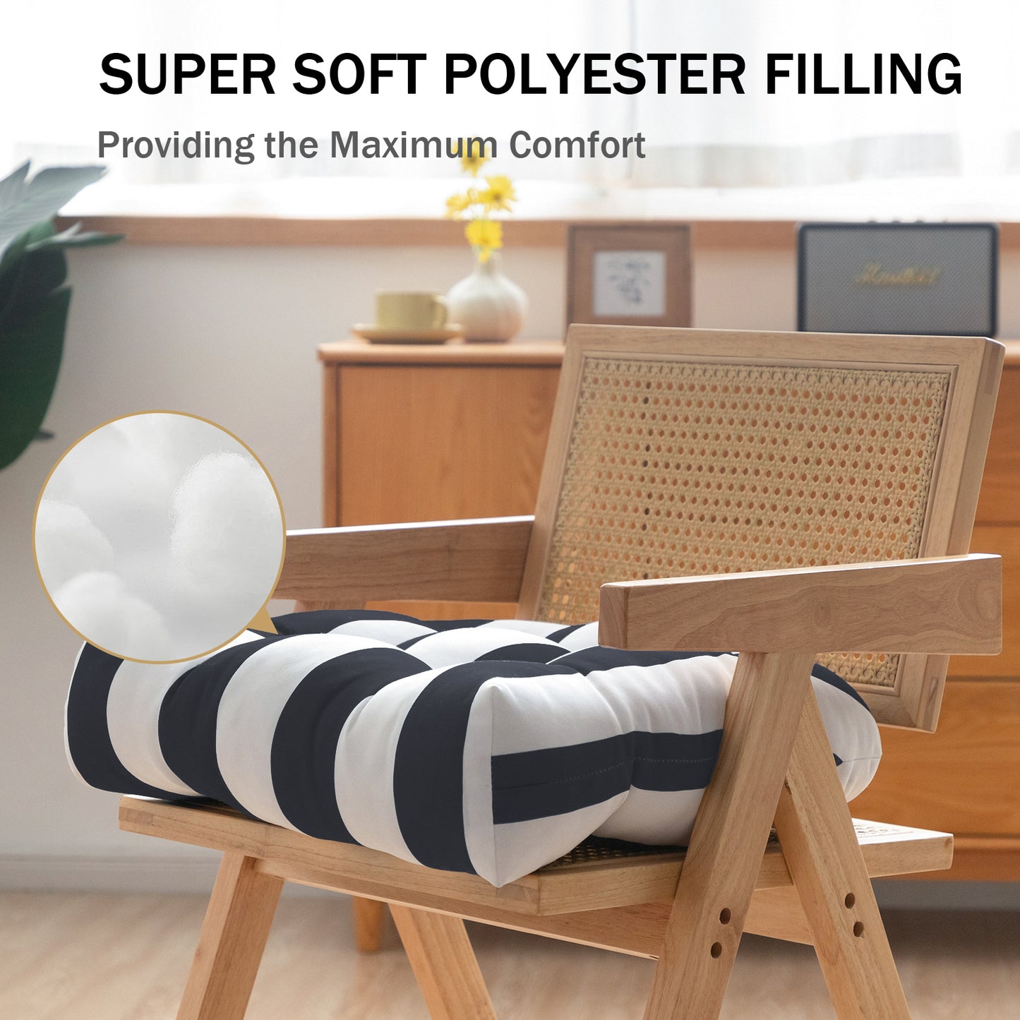 Premium Thick Comfy Seat Patio Pad Tufted Textured Printed Outdoor Chair Cushion 19 x 19 x 4 Inch, Charcoal Grey White Stripes