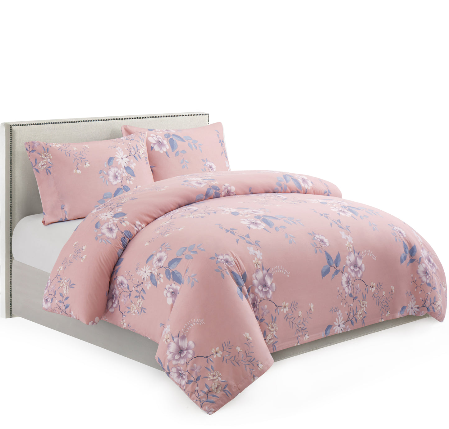 Printed Rayon from Bamboo Soft All Season Duvet Cover Fitted Sheet Ensemble Bedding Set with Zipper and Corner Tie, Purple Floral Pink