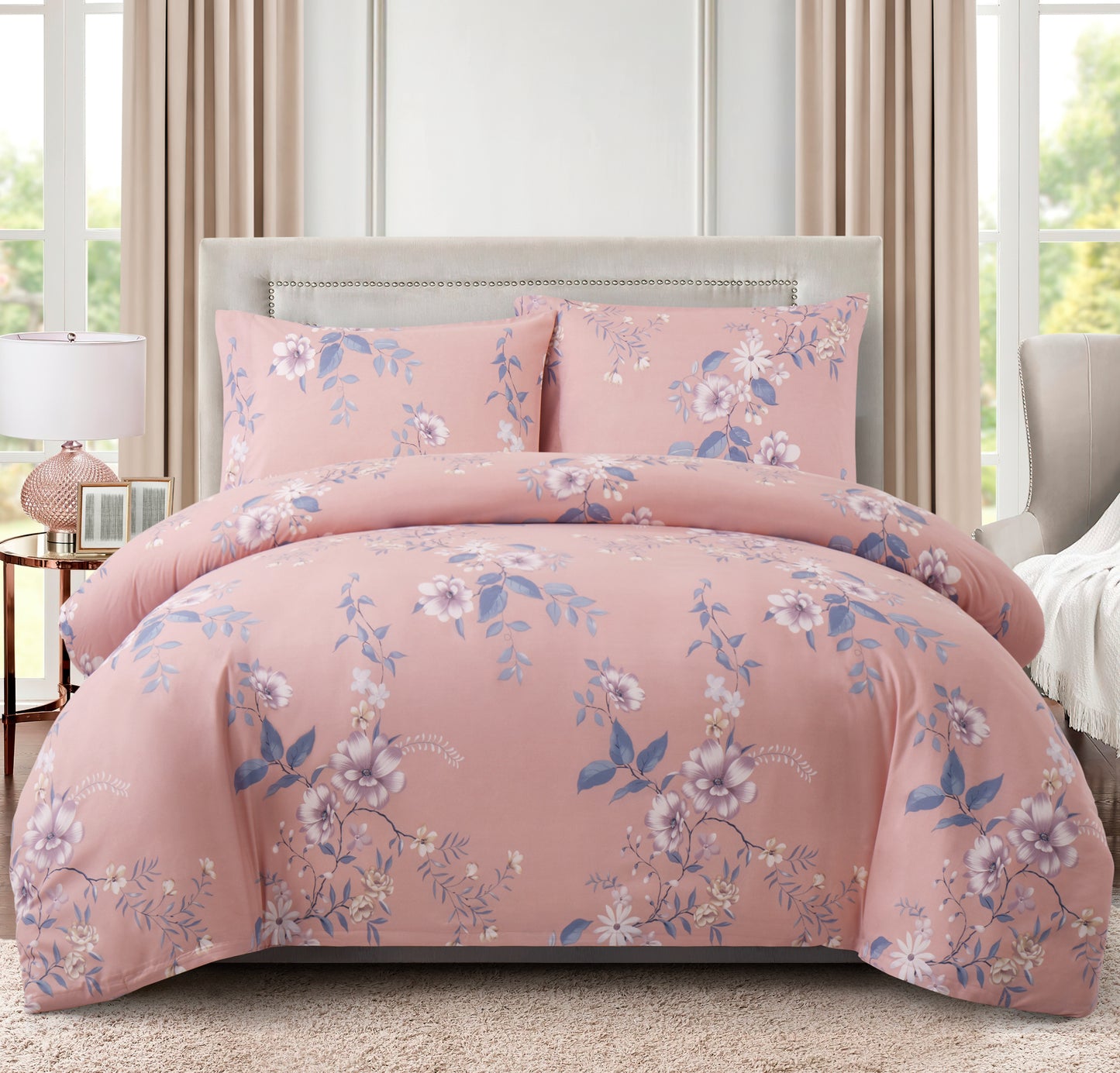 Printed Rayon from Bamboo Soft All Season Duvet Cover Fitted Sheet Ensemble Bedding Set with Zipper and Corner Tie, Purple Floral Pink