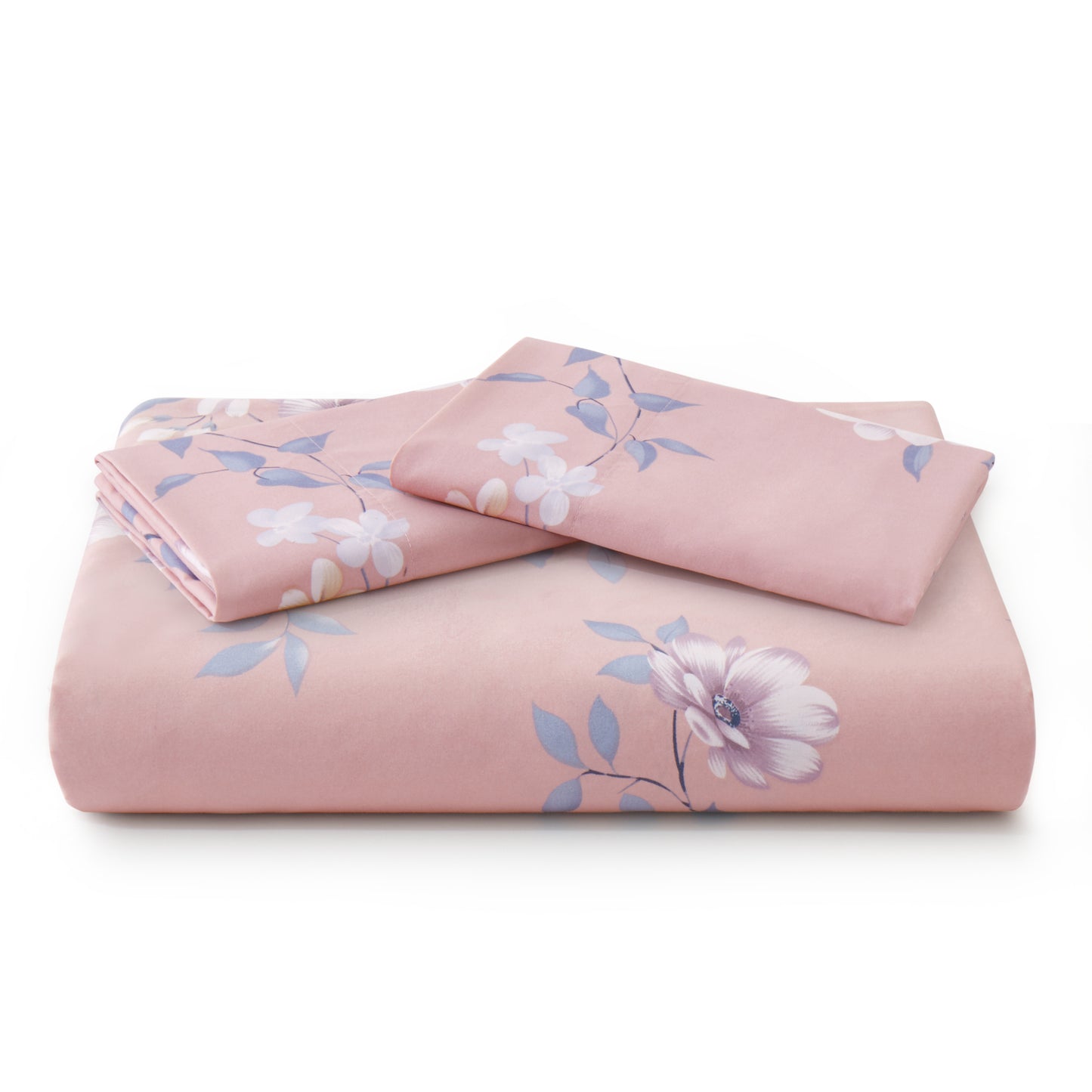 Printed Rayon from Bamboo Soft All Season Duvet Cover Fitted Sheet Ensemble Bedding Set with Zipper and Corner Tie, Purple Floral Pink