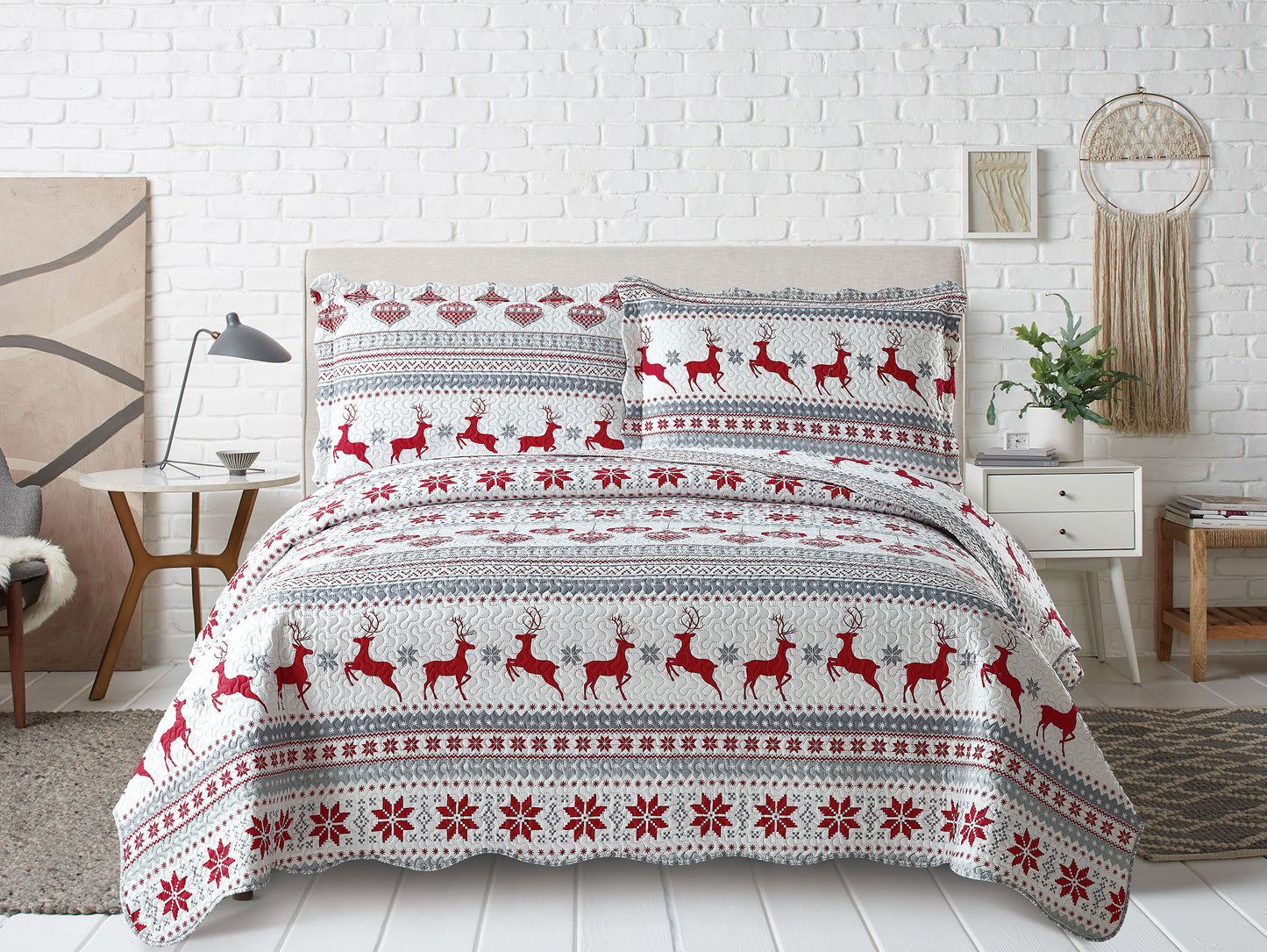 Printed Embossed Pinsonic Soft Bedding Summer Christmas Quilt Set, Xmas Deer