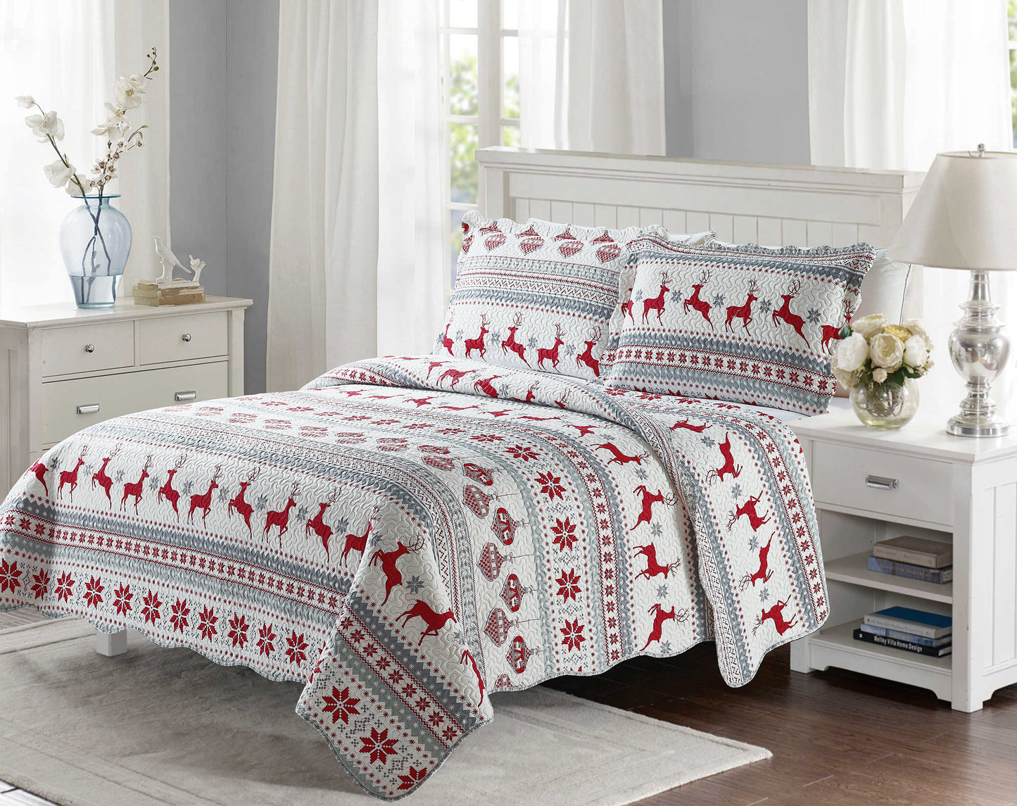 Printed Embossed Pinsonic Soft Bedding Summer Christmas Quilt Set, Xmas Deer