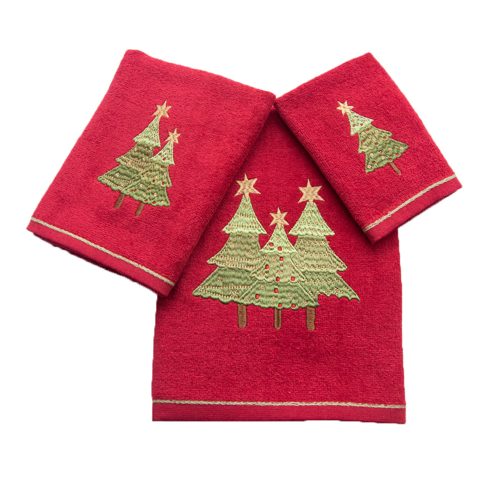 Premium Luxury Xmas Decor Soft 100% Cotton Embroidered Bathroom Christmas 3 Piece Towel Set, Christmas Tree