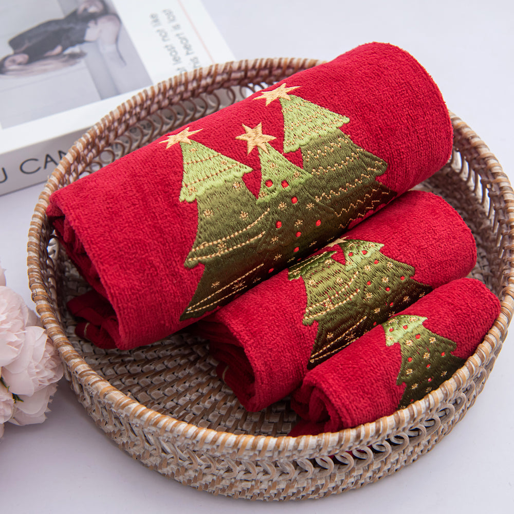 Premium Luxury Xmas Decor Soft 100% Cotton Embroidered Bathroom Christmas 3 Piece Towel Set, Christmas Tree