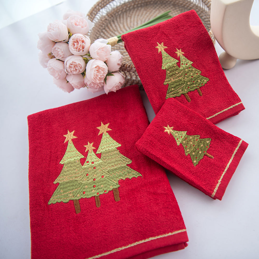 Premium Luxury Xmas Decor Soft 100% Cotton Embroidered Bathroom Christmas 3 Piece Towel Set, Christmas Tree