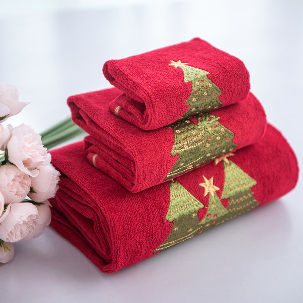 Premium Luxury Xmas Decor Soft 100% Cotton Embroidered Bathroom Christmas 3 Piece Towel Set, Christmas Tree