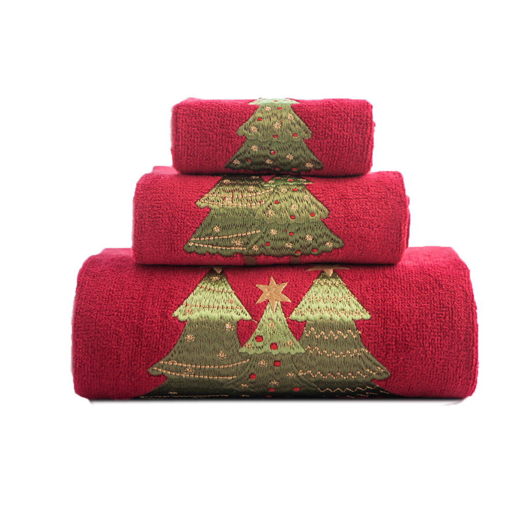 Premium Luxury Xmas Decor Soft 100% Cotton Embroidered Bathroom Christmas 3 Piece Towel Set, Christmas Tree