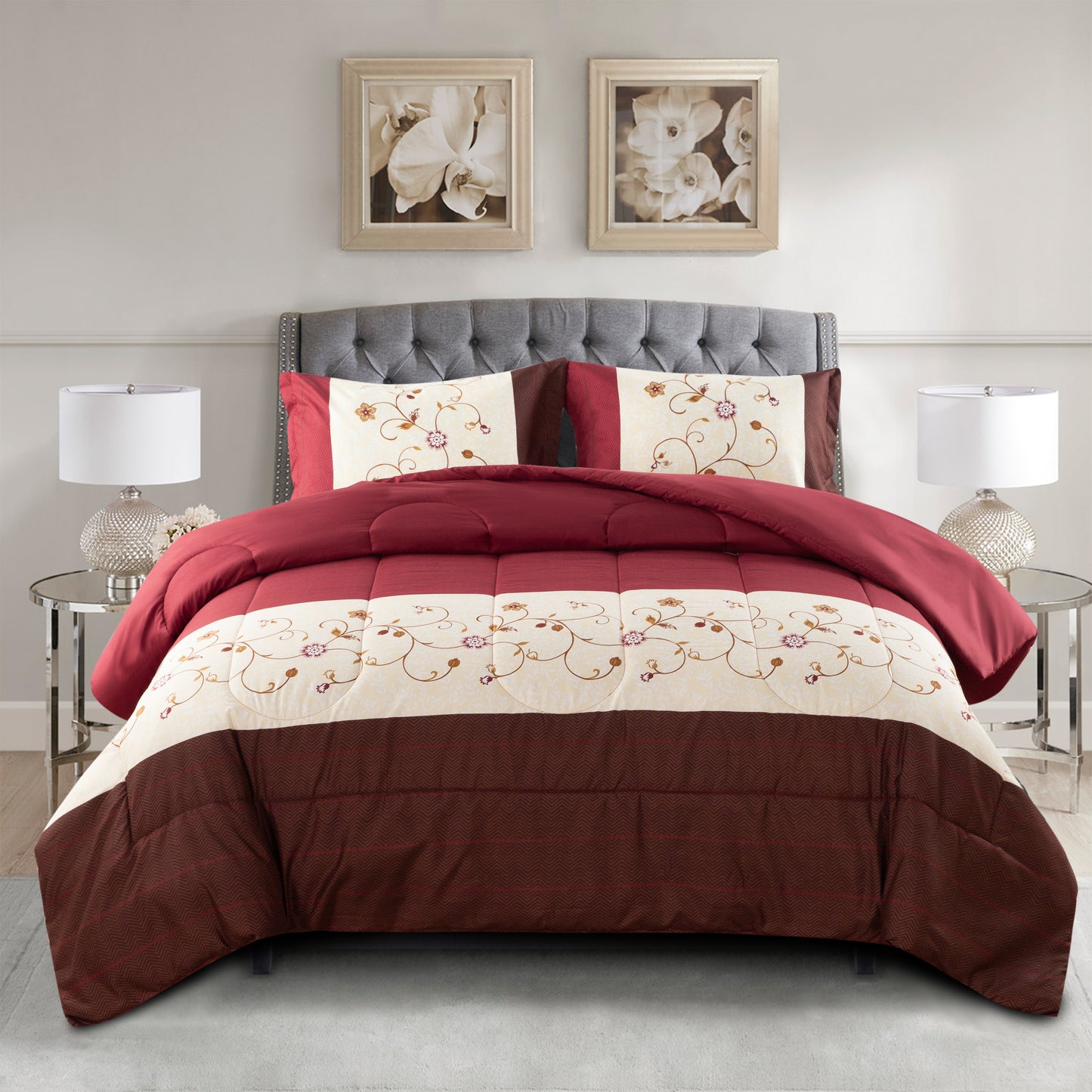 Home Decor Soft Luxury Fluffy Goose Down Alternative Bedding Printed Comforter Set, Modern Burgundy Cosmos Floral