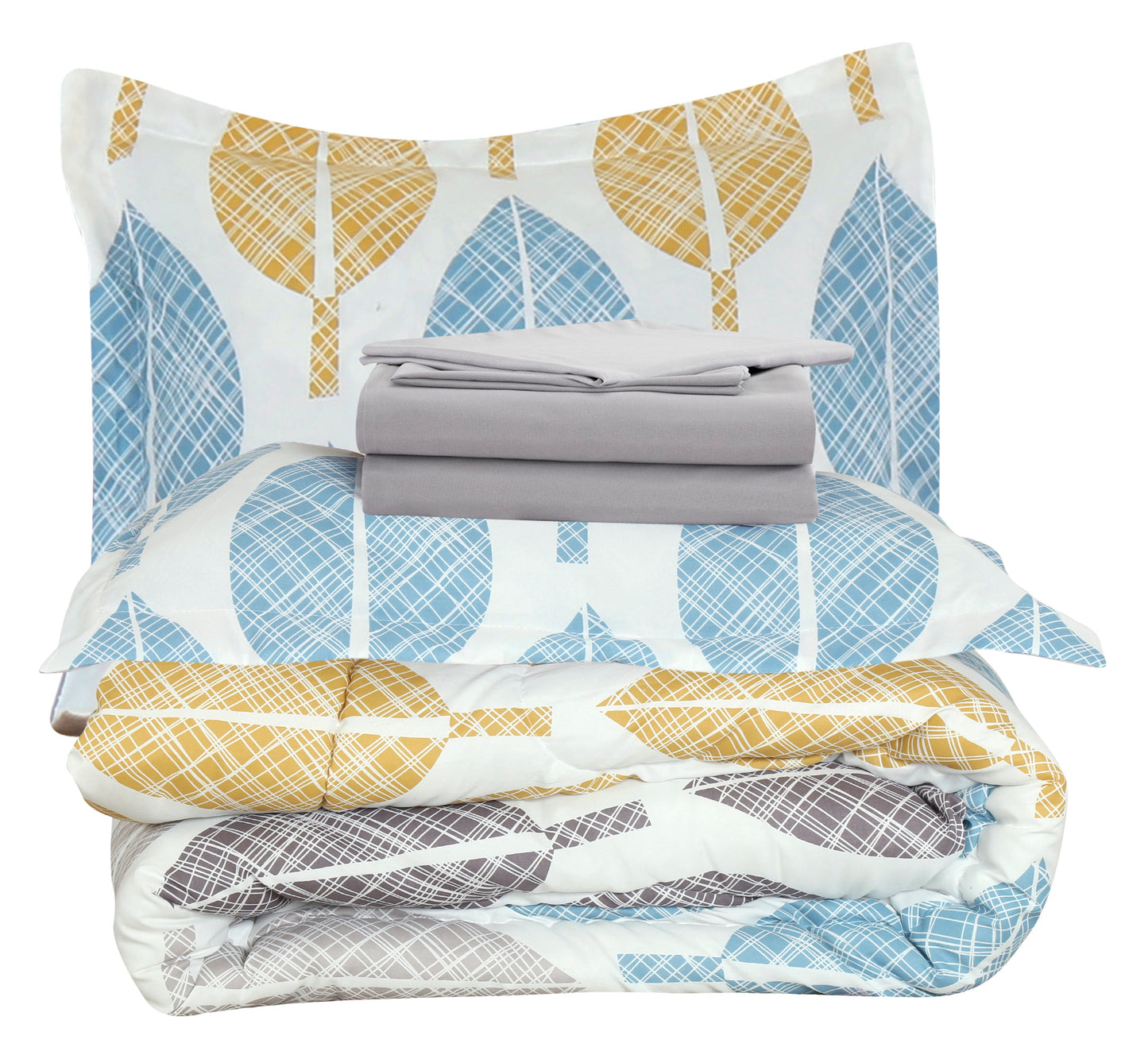 Printed Bed in a Bag Soft Luxury Fluffy Goose Down Alternative Comforter and Sheet Set, Modern Colorful Leaves Pattern
