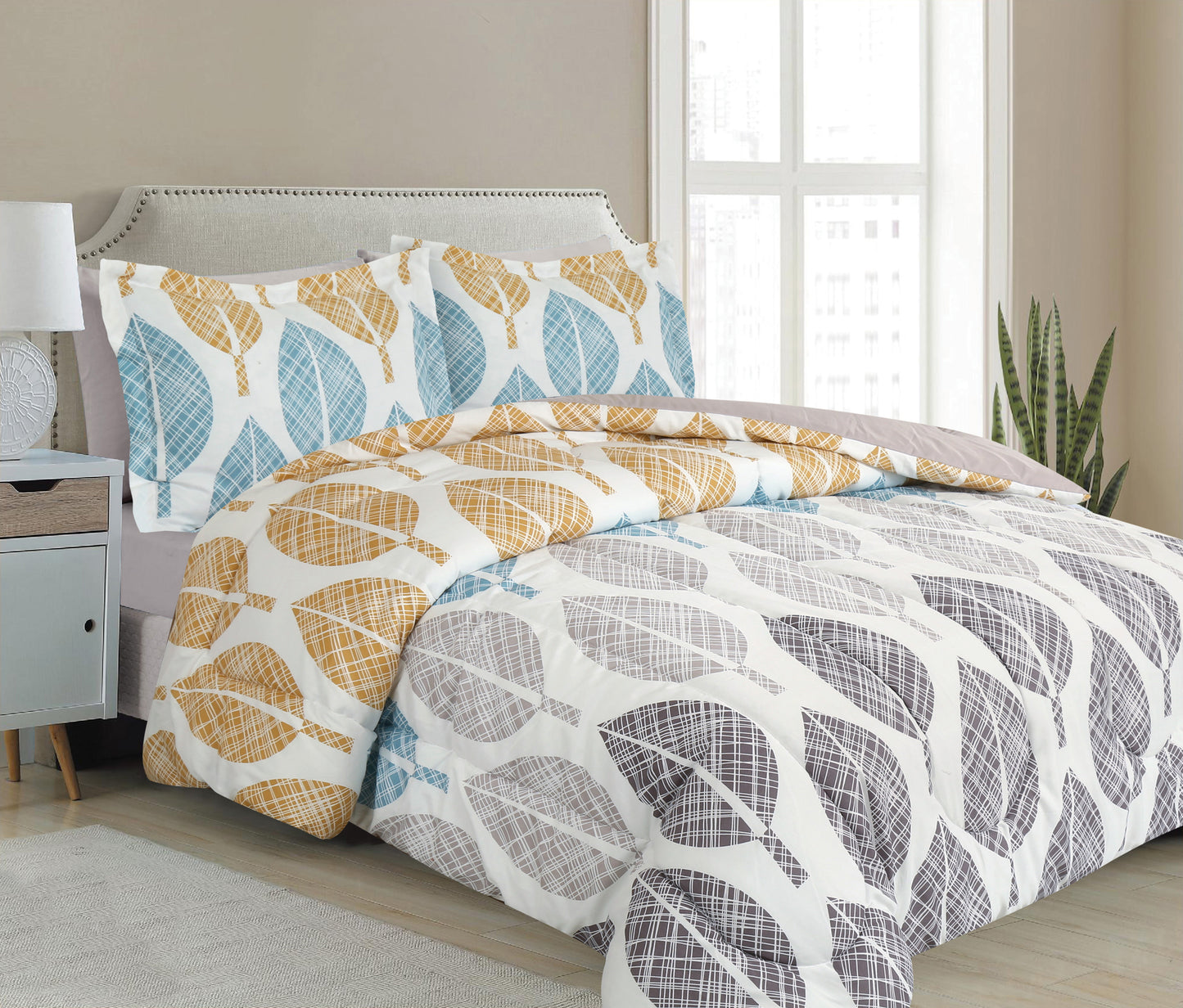 Printed Bed in a Bag Soft Luxury Fluffy Goose Down Alternative Comforter and Sheet Set, Modern Colorful Leaves Pattern