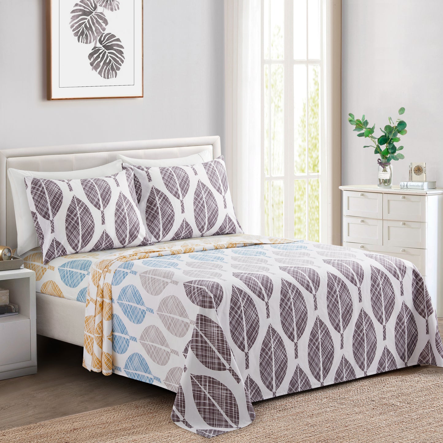 Printed Rayon from Bamboo Soft Deep Pocket Bedding All Season Sheet Set, Modern Colorful Leaves