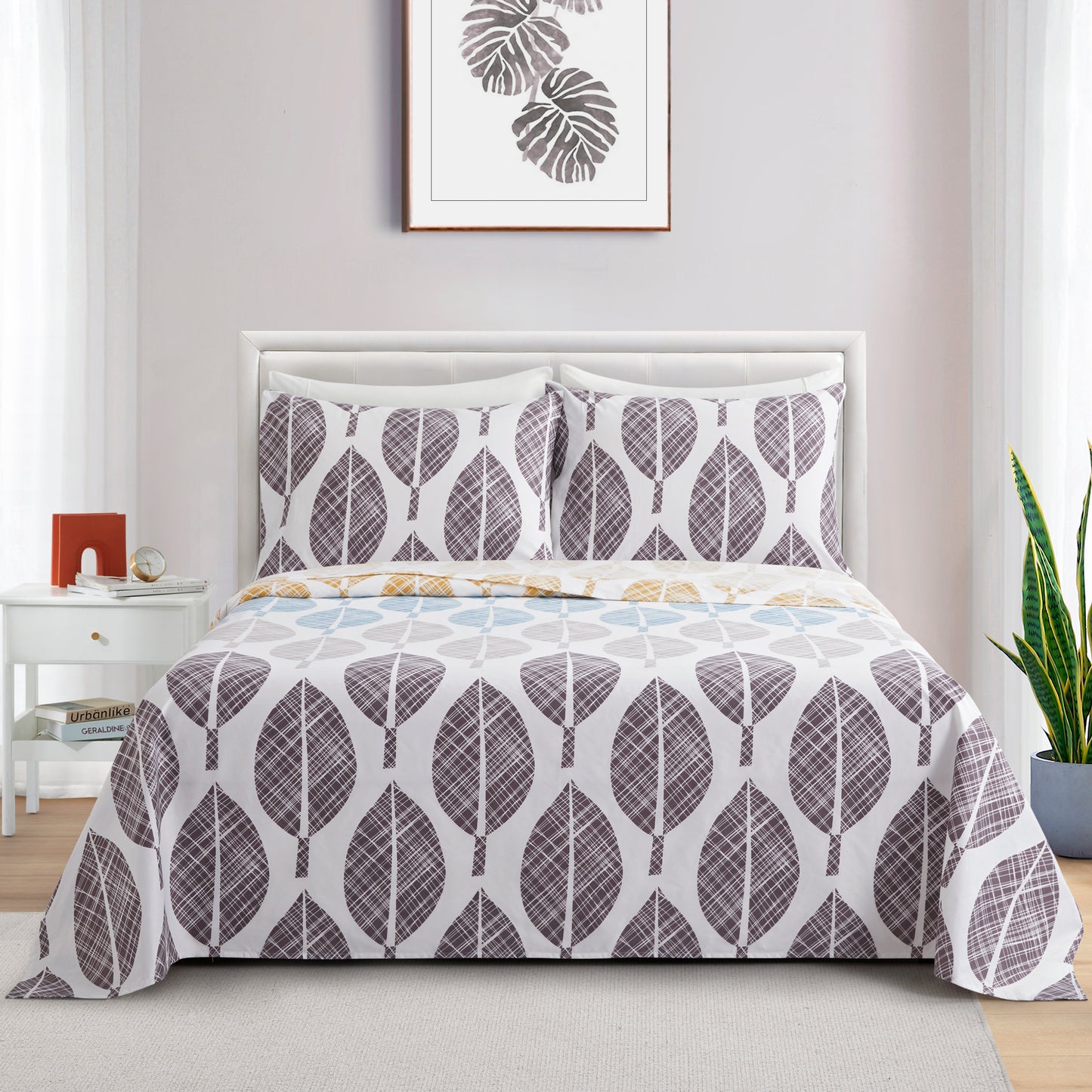 Printed Rayon from Bamboo Soft Deep Pocket Bedding All Season Sheet Set, Modern Colorful Leaves