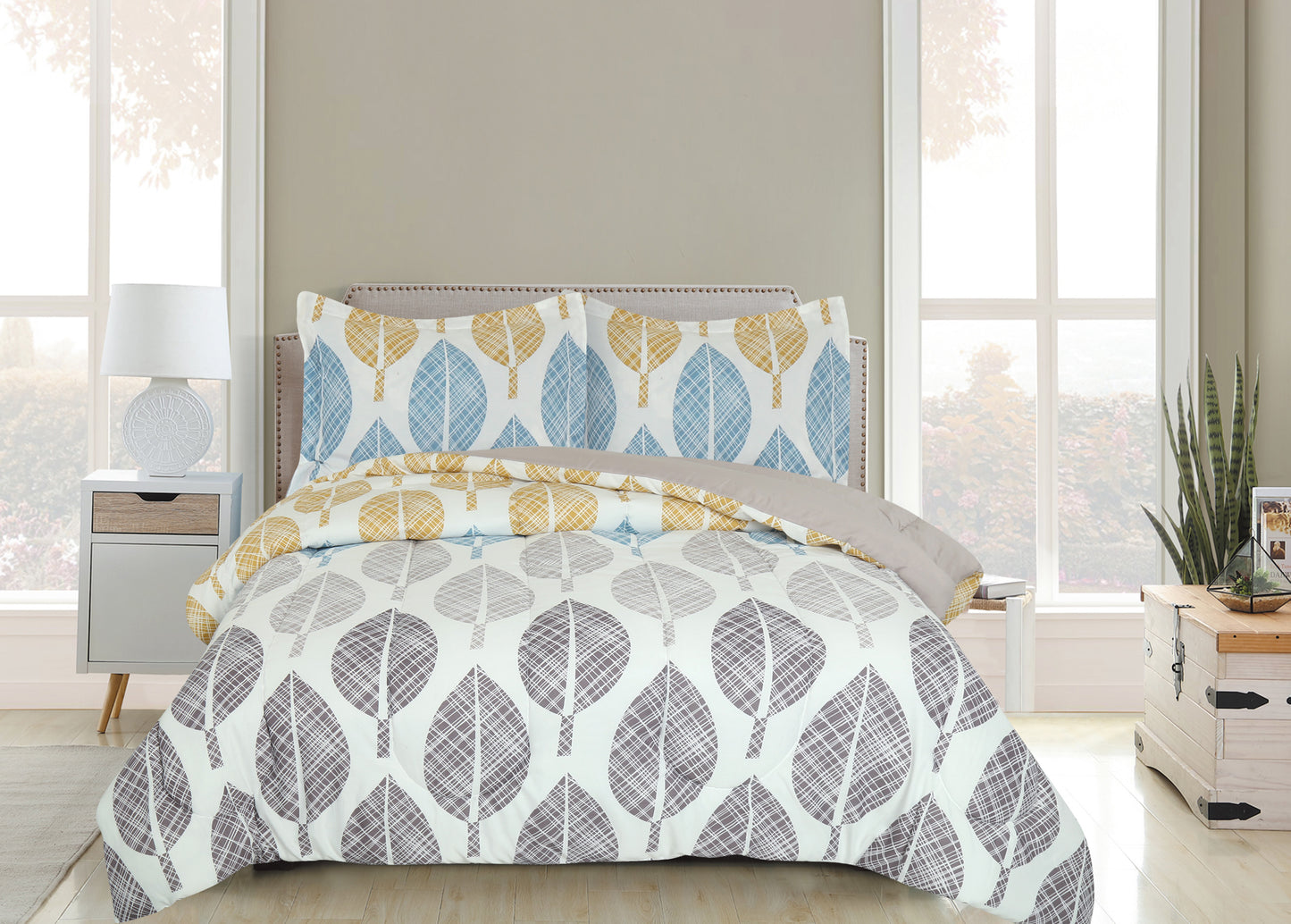 Printed Bed in a Bag Soft Luxury Fluffy Goose Down Alternative Comforter and Sheet Set, Modern Colorful Leaves Pattern