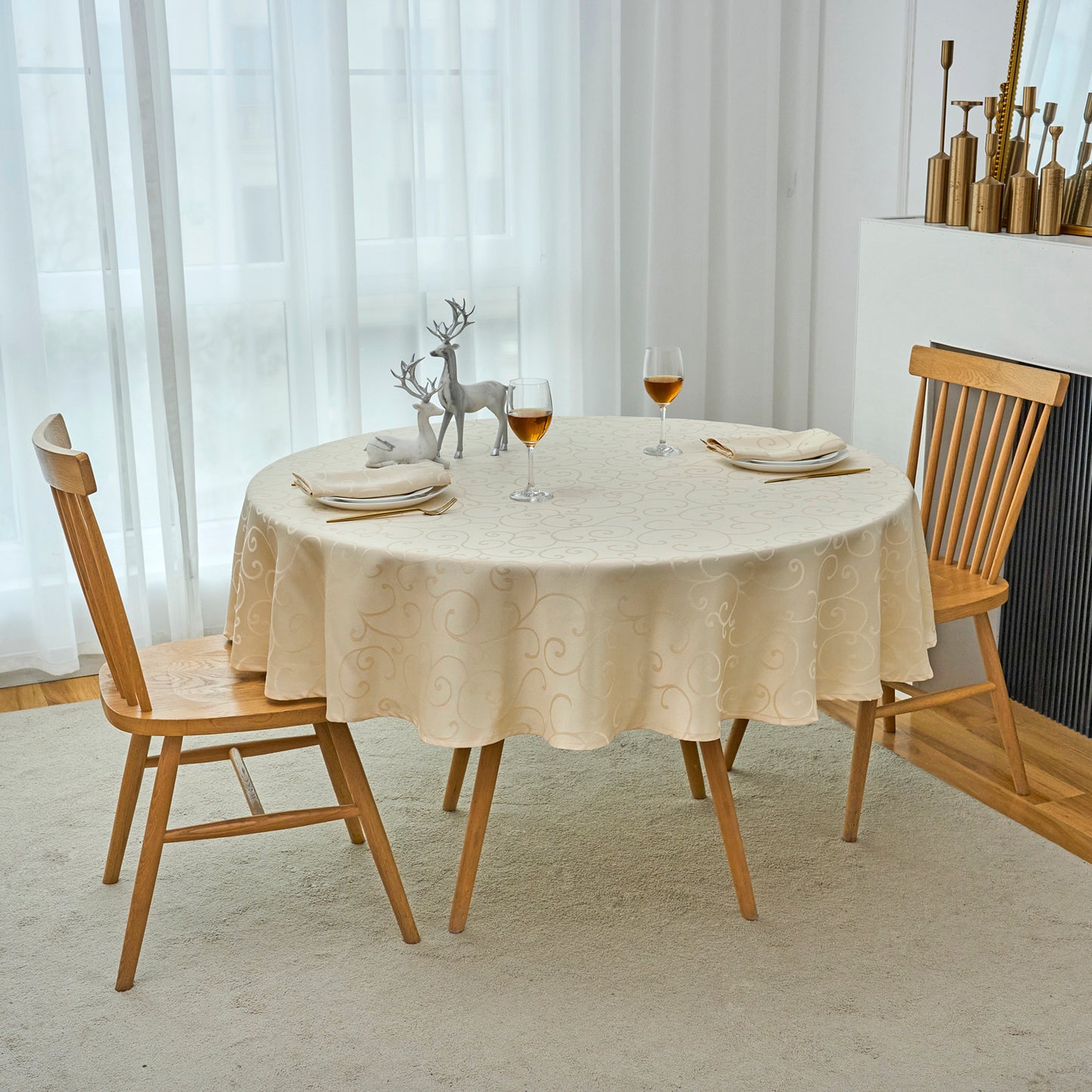 Jacquard Waterproof Thick Luxury Premium Solid Liquid Repellent Stain Resistant Decorative Home Kitchen Tablecloth, Cream Color