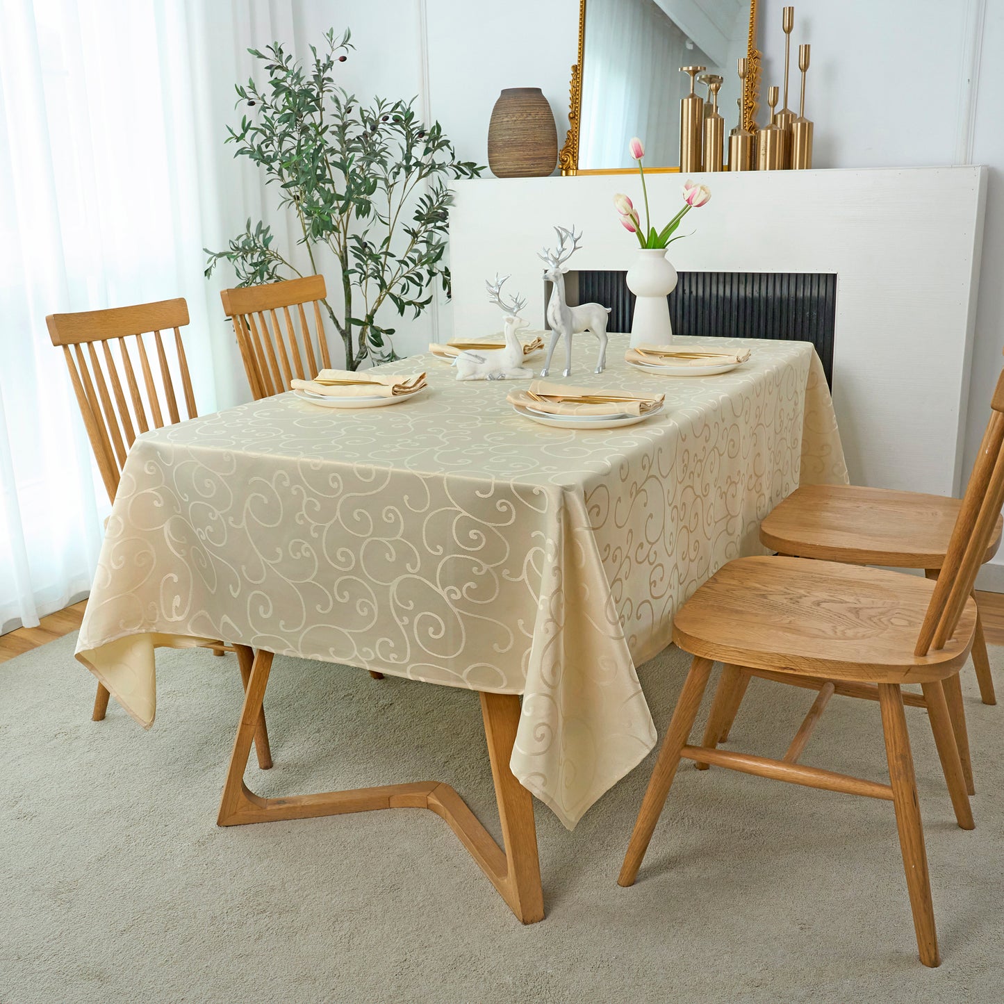 Jacquard Waterproof Thick Luxury Premium Solid Liquid Repellent Stain Resistant Decorative Home Kitchen Tablecloth, Cream Color