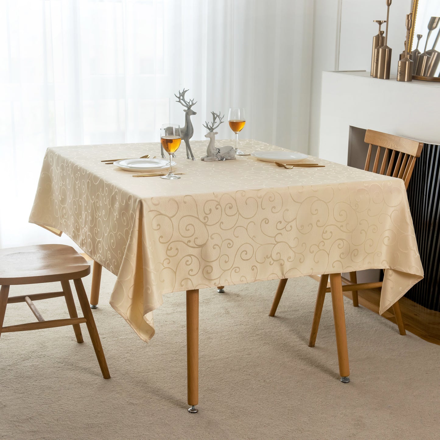 Jacquard Waterproof Thick Luxury Premium Solid Liquid Repellent Stain Resistant Decorative Home Kitchen Tablecloth, Cream Color