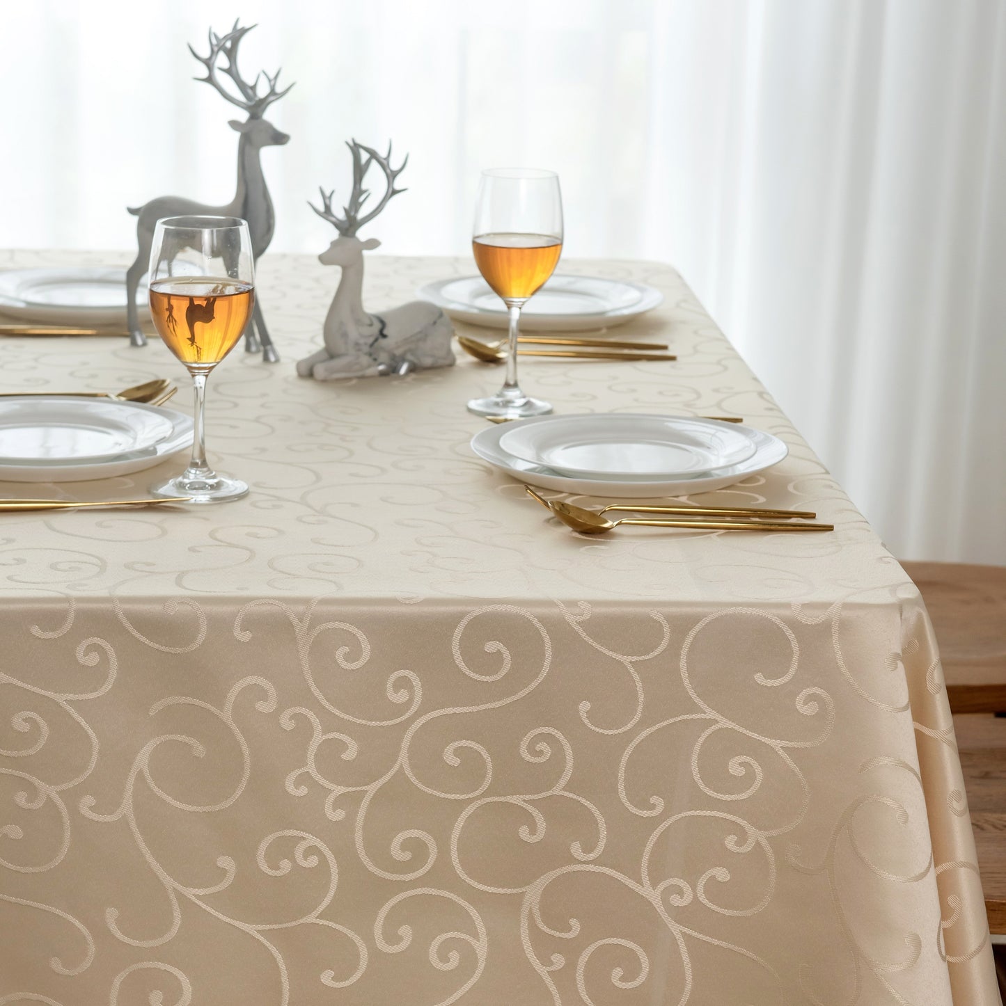 Jacquard Waterproof Thick Luxury Premium Solid Liquid Repellent Stain Resistant Decorative Home Kitchen Tablecloth, Cream Color