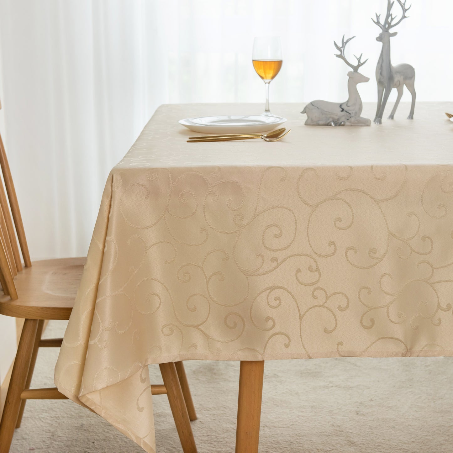 Jacquard Waterproof Thick Luxury Premium Solid Liquid Repellent Stain Resistant Decorative Home Kitchen Tablecloth, Cream Color