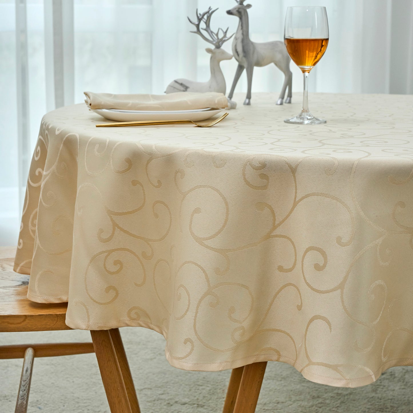 Jacquard Waterproof Thick Luxury Premium Solid Liquid Repellent Stain Resistant Decorative Home Kitchen Tablecloth, Cream Color
