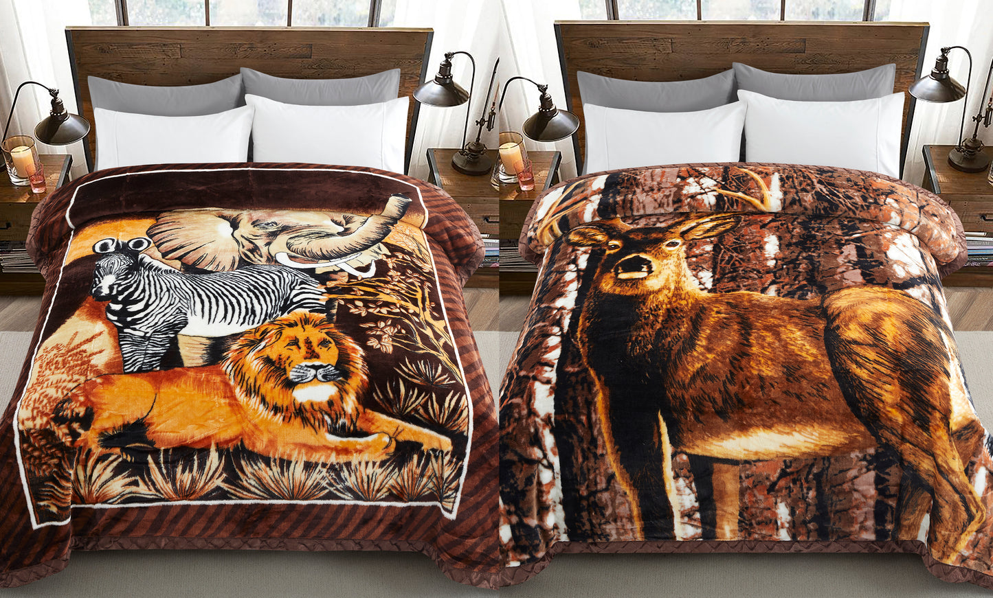 Printed Reversible Woven Fluffy Plush Soft Warm Korean Style 2 Ply Flannel Fleece Throw Animal Mink Blanket, 78" x 86" Deer Safari