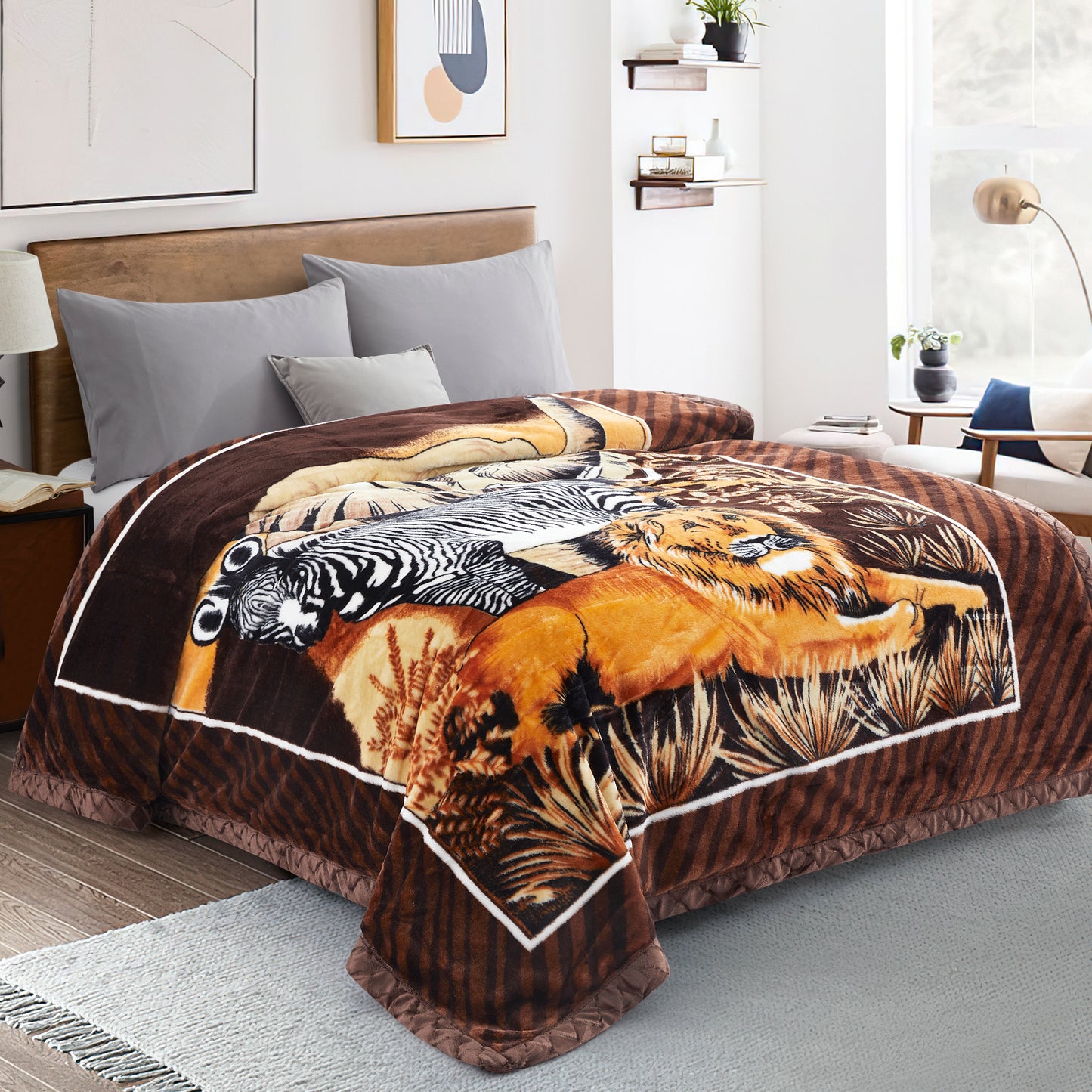 Printed Reversible Woven Fluffy Plush Soft Warm Korean Style 2 Ply Flannel Fleece Throw Animal Mink Blanket, 78" x 86" Deer Safari