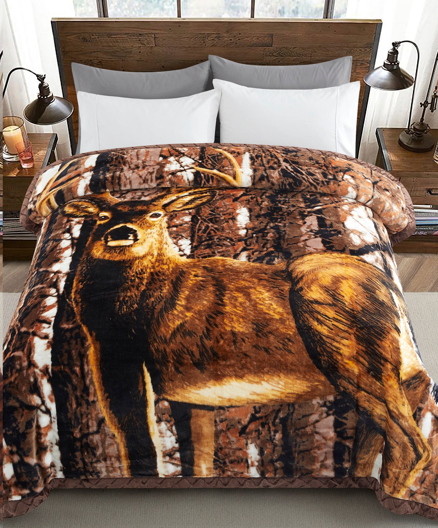 Printed Reversible Woven Fluffy Plush Soft Warm Korean Style 2 Ply Flannel Fleece Throw Animal Mink Blanket, 78" x 86" Deer Safari
