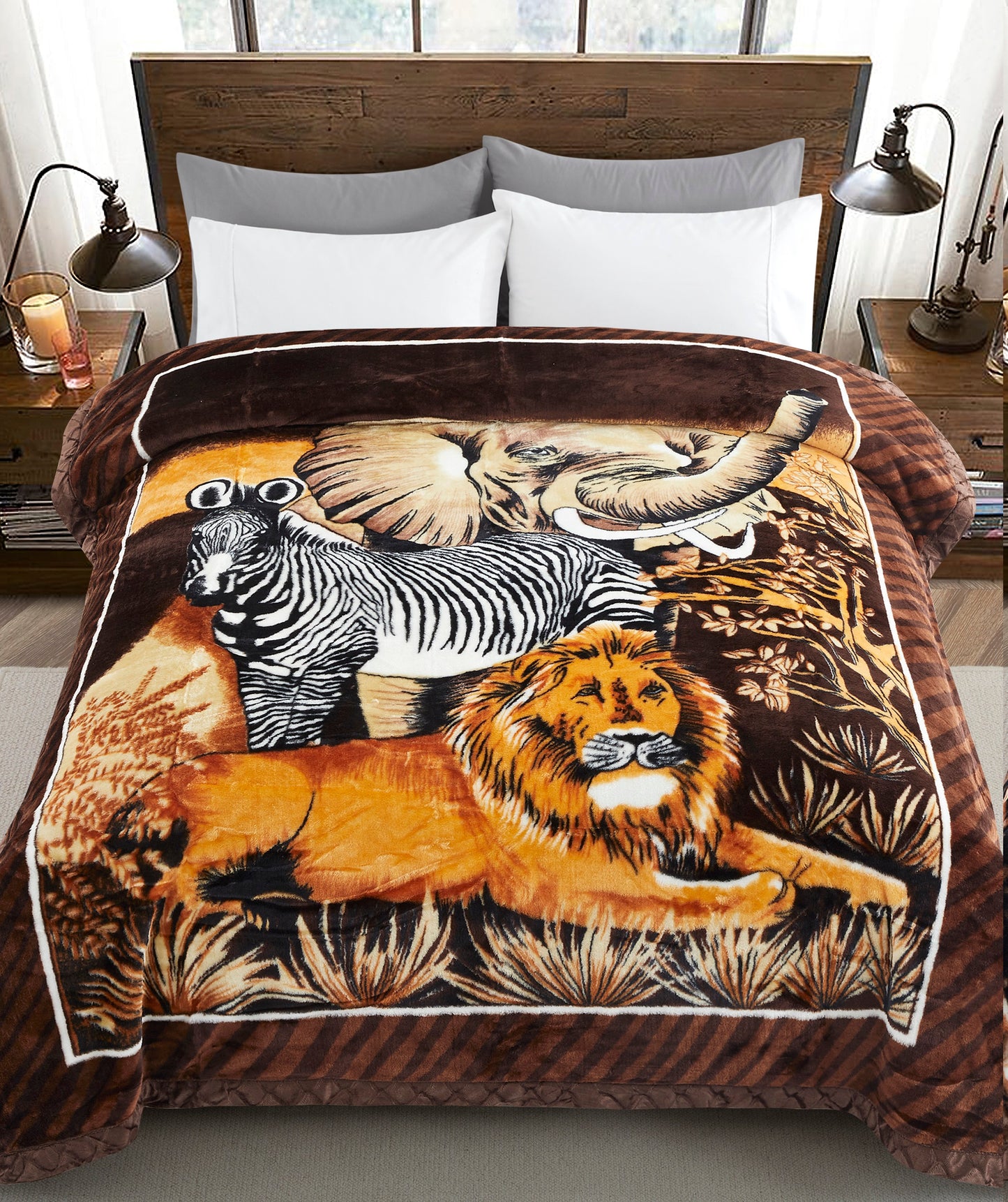 Printed Reversible Woven Fluffy Plush Soft Warm Korean Style 2 Ply Flannel Fleece Throw Animal Mink Blanket, 78" x 86" Deer Safari