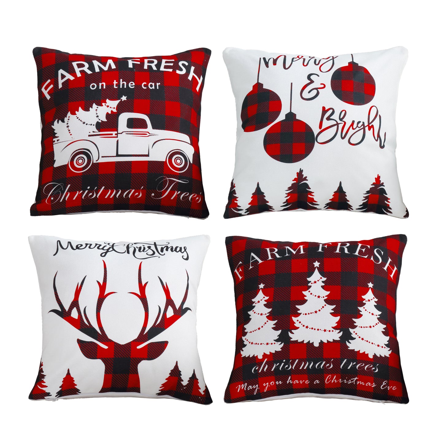 Christmas Printed Cushion Cover Set Modern Decorative Throw Xmas Pillow Covers Pack of 4, Rustic Red Black Plaid