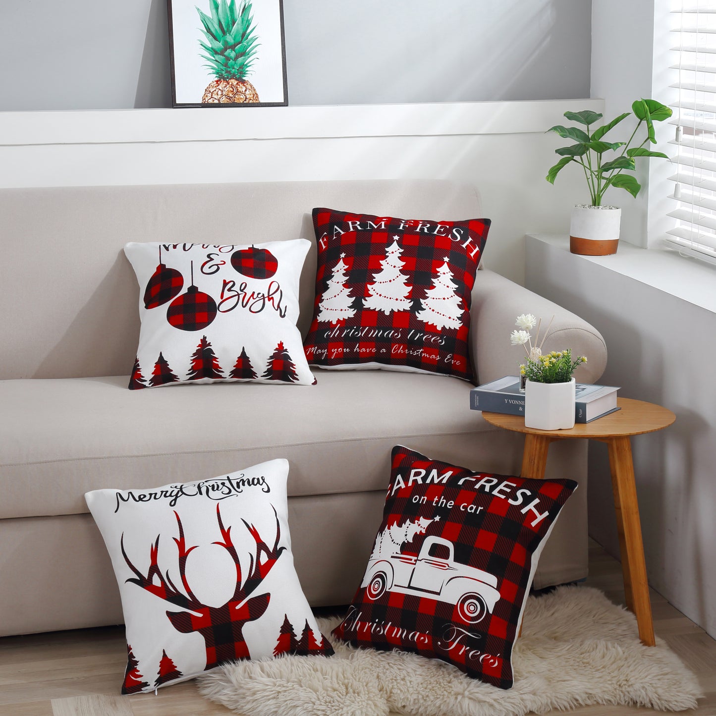 Christmas Printed Cushion Cover Set Modern Decorative Throw Xmas Pillow Covers Pack of 4, Rustic Red Black Plaid