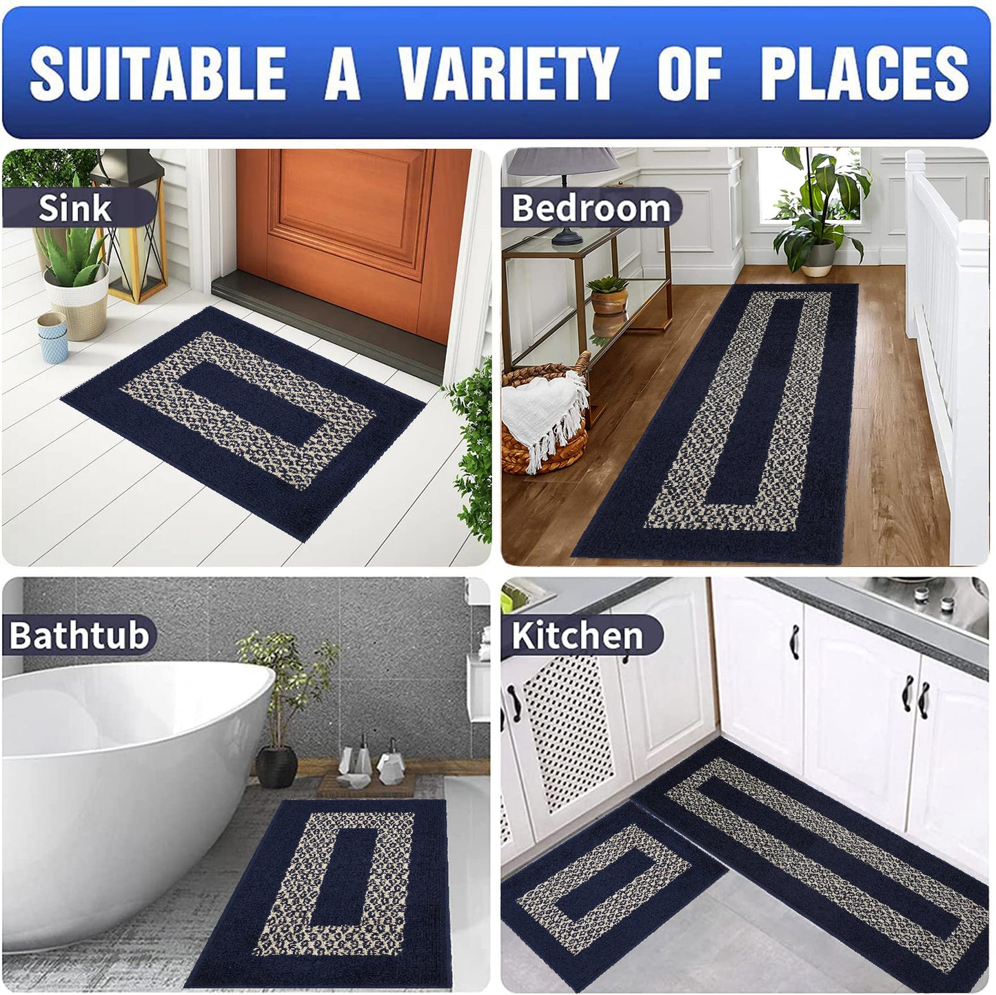 Decor Non-Slip Back Soft Runner Area Carpet Floor Area Rug Indoor Accent Decorative Mat, Diamond Navy Blue