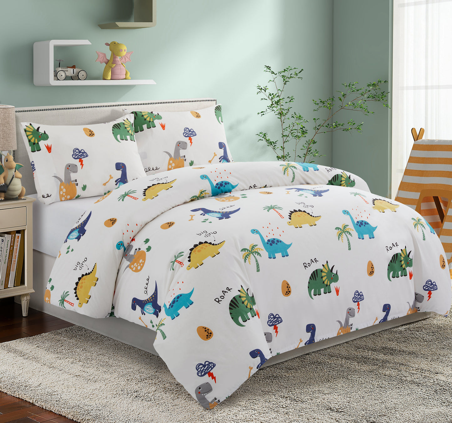 Kids Boys Printed 600 Thread Count Soft Cotton Percale Duvet Cover Set with Corner Tie and Zipper, Cartoon Dinosaur Zoo Dino