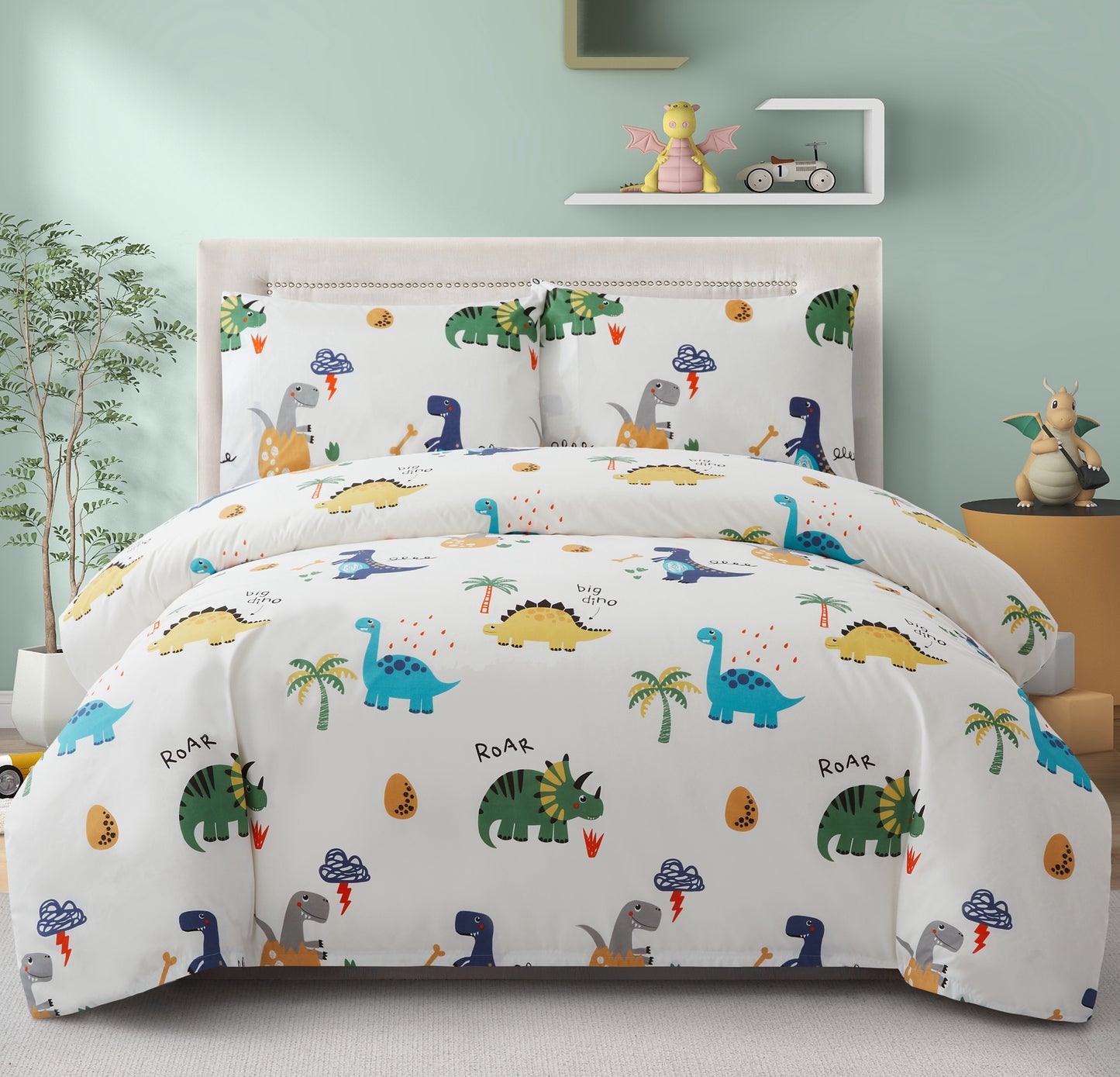 Kids Boys Printed 600 Thread Count Soft Cotton Percale Duvet Cover Set with Corner Tie and Zipper, Cartoon Dinosaur Zoo Dino