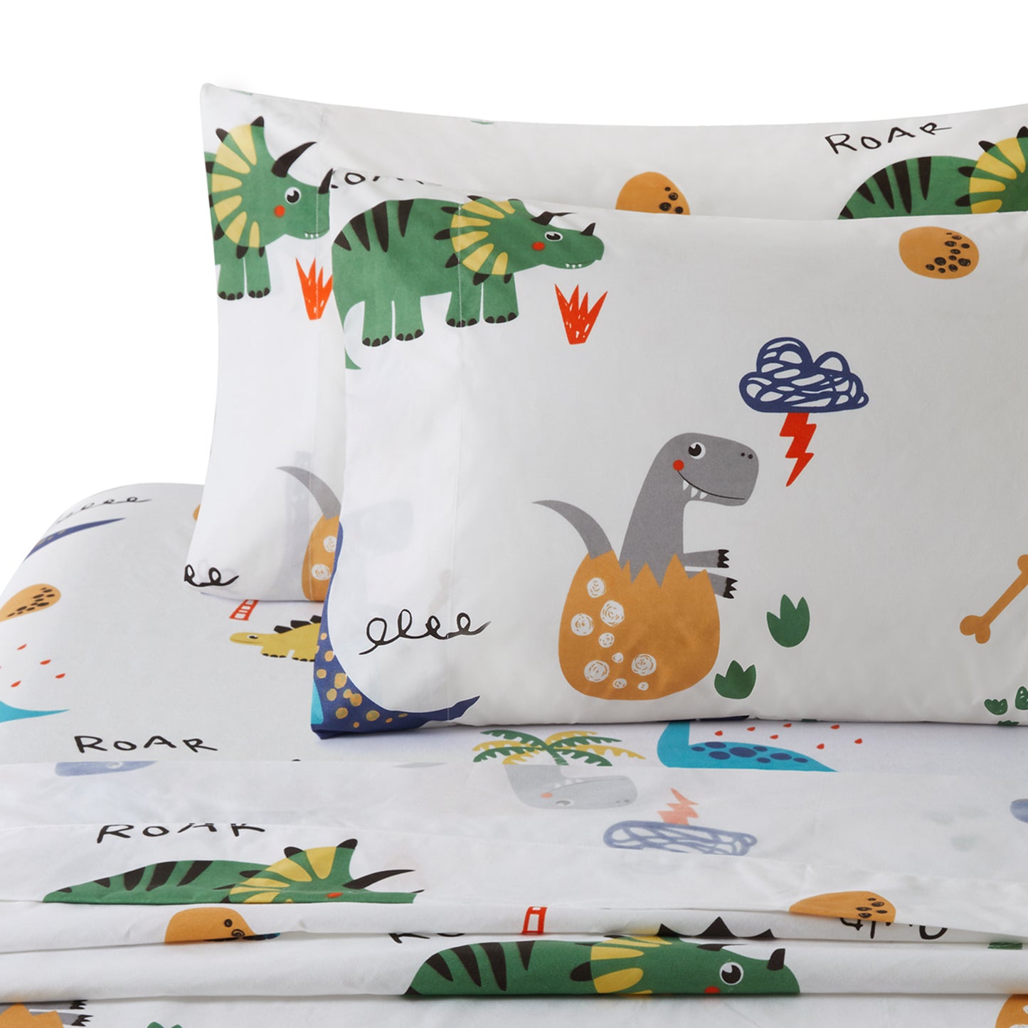 Kids Boys Printed 600 Thread Count Soft Cotton Percale Duvet Cover Set with Corner Tie and Zipper, Cartoon Dinosaur Zoo Dino