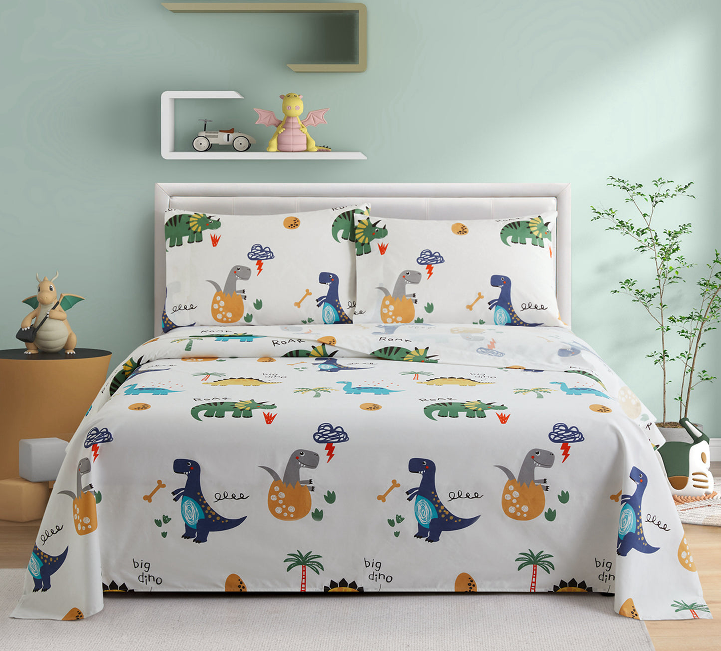 Kids Boys Toddlers Printed 600 Thread Count Soft Deep Pocket Cotton Percale All Season Bedding Sheet Set, Dinosaur Zoo Dino