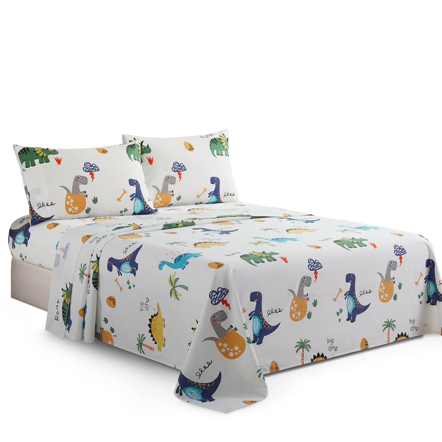 Kids Boys Toddlers Printed 600 Thread Count Soft Deep Pocket Cotton Percale All Season Bedding Sheet Set, Dinosaur Zoo Dino