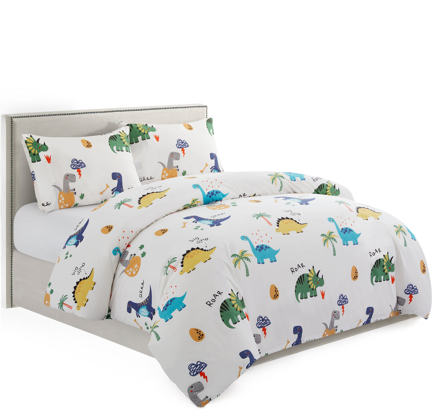 Kids Boys Printed 600 Thread Count Soft Cotton Percale Duvet Cover Set with Corner Tie and Zipper, Cartoon Dinosaur Zoo Dino