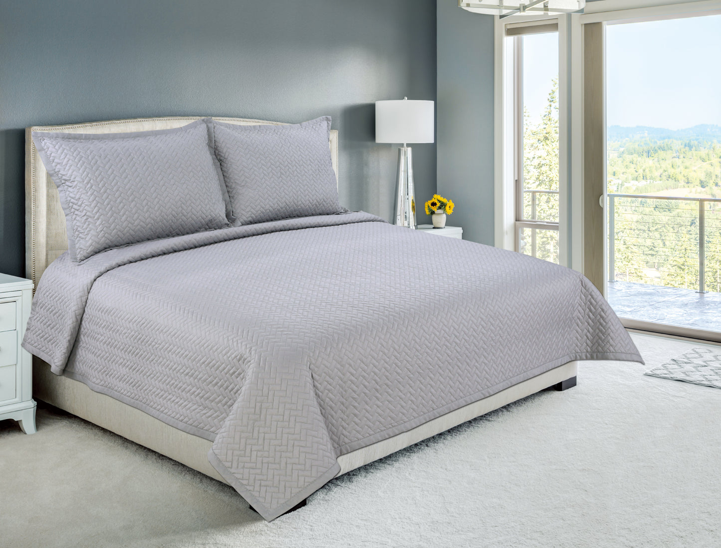 Embroidered Stitching Soft Bedding Solid Summer Quilt Set, Herringbone Pattern