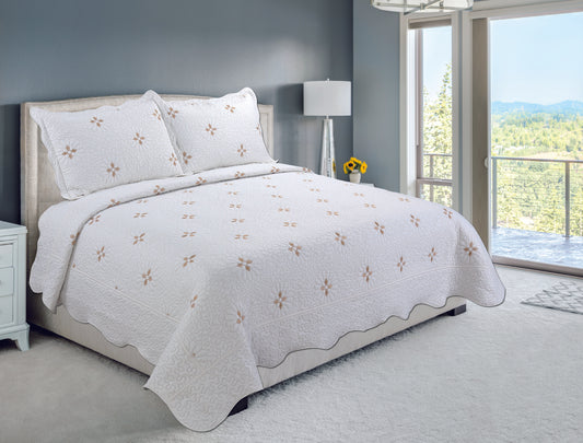 Embroidered Stitching Soft Bedding Solid Summer Quilt Set, Modern Gold Floral Pattern