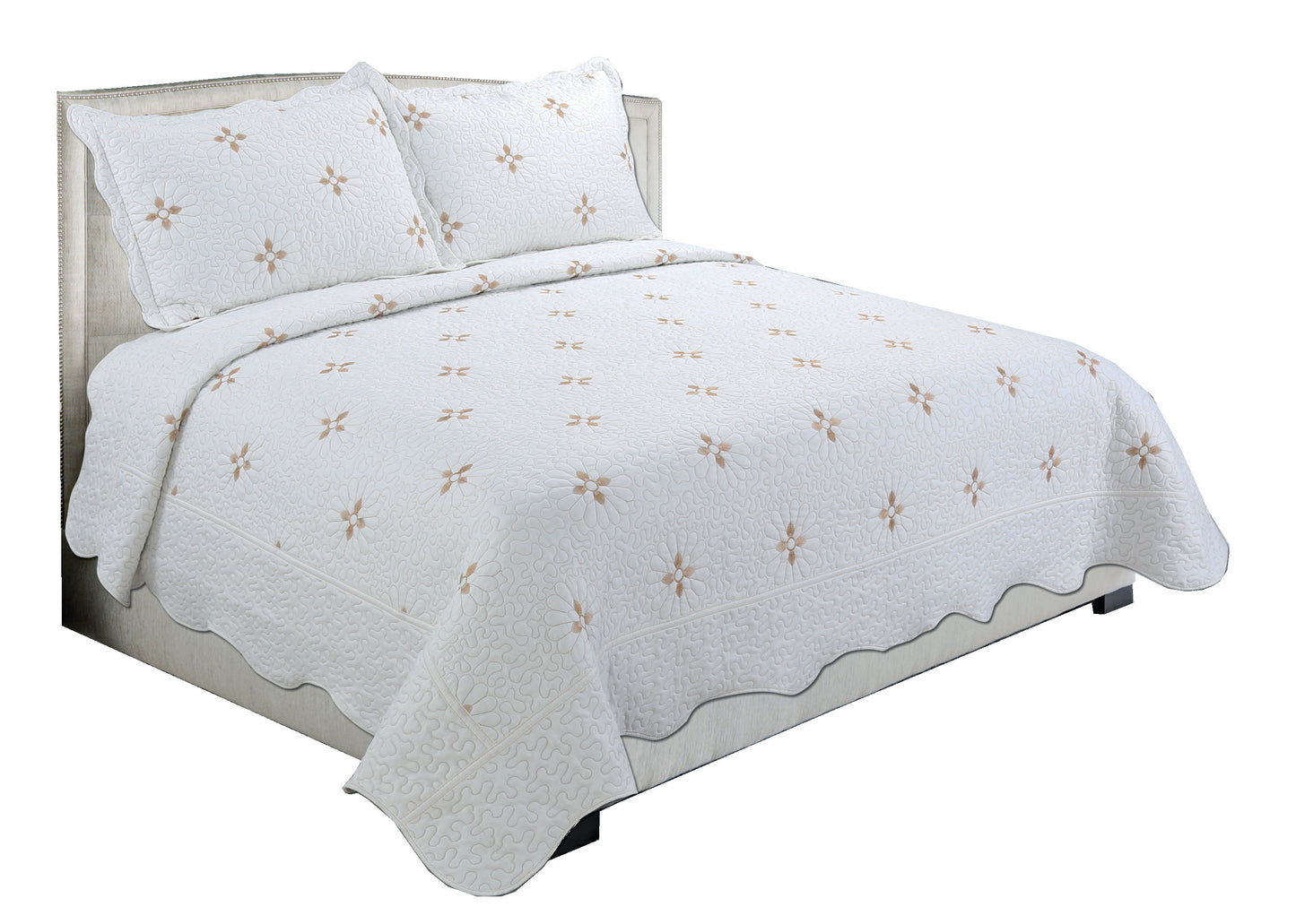 Embroidered Stitching Soft Bedding Solid Summer Quilt Set, Modern Gold Floral Pattern