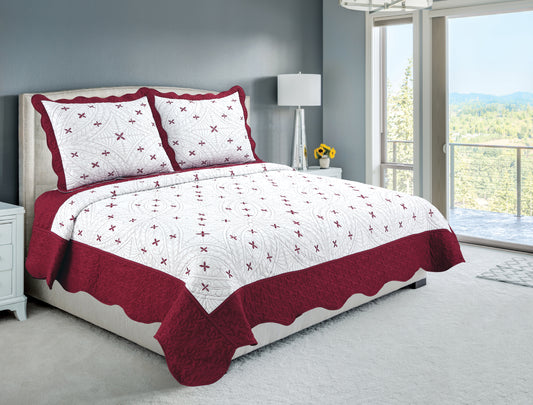 Embroidered Stitching Soft Bedding Solid Summer Quilt Set, Red Floral Color