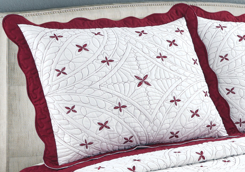 Embroidered Stitching Soft Bedding Solid Summer Quilt Set, Red Floral Color